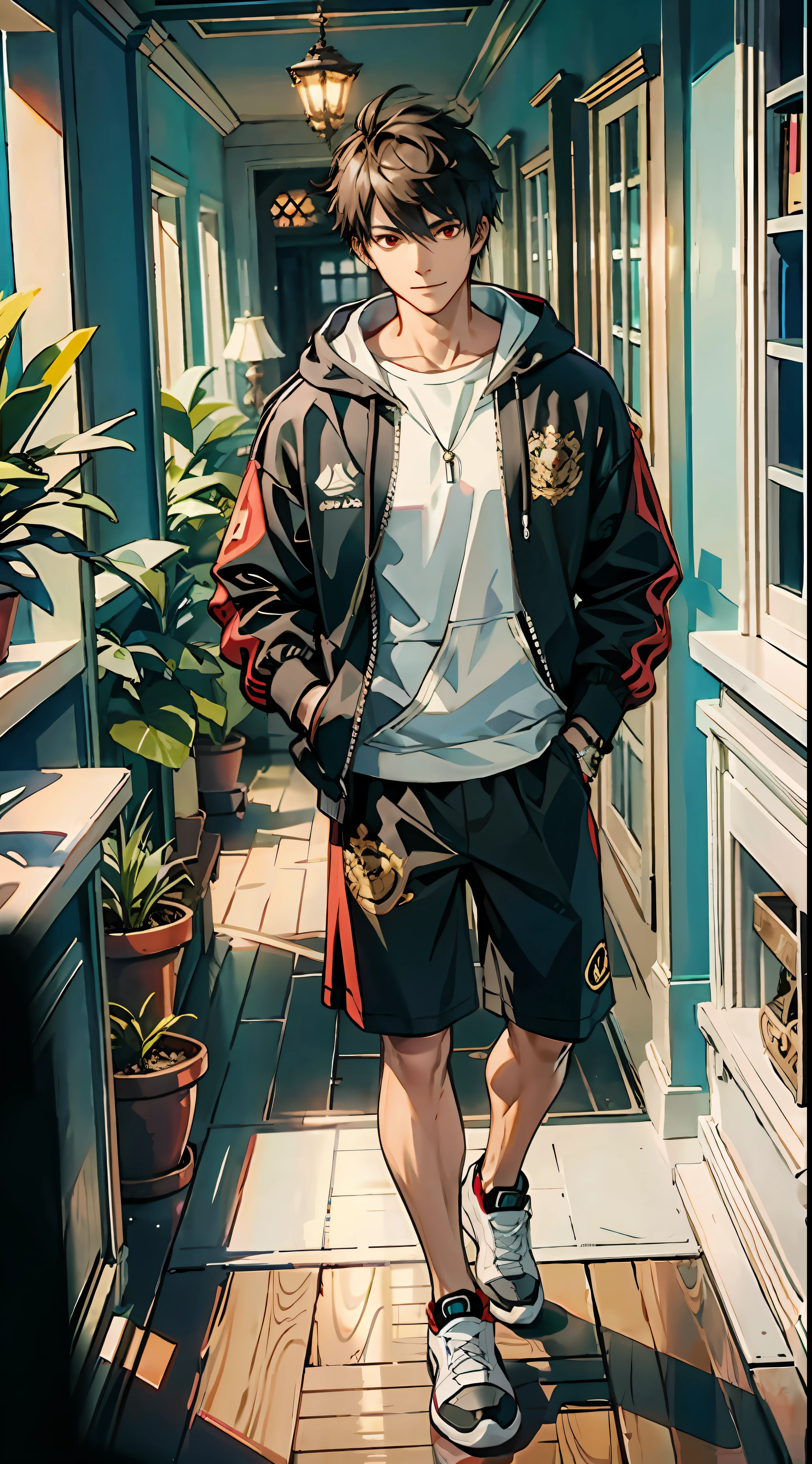 Masterpiece, Solo, Best Quality, 1 Male, Young Adult, Tall Muscles, Handsome, Narrow Eyes,Frowned, Intricate Details, Casual Clothing, Oversized Hood, Shorts, Tennis Shoes, Short Golden Spiked Hair and Red Eyes, , Intricate Patterns, Best Light and Shadow, Backgrounds Are Inside the House, Running, Mottled Day, Depth of Field, Plants, Summer, Colorful, Artful, Depth of Field, smile, closed mouth