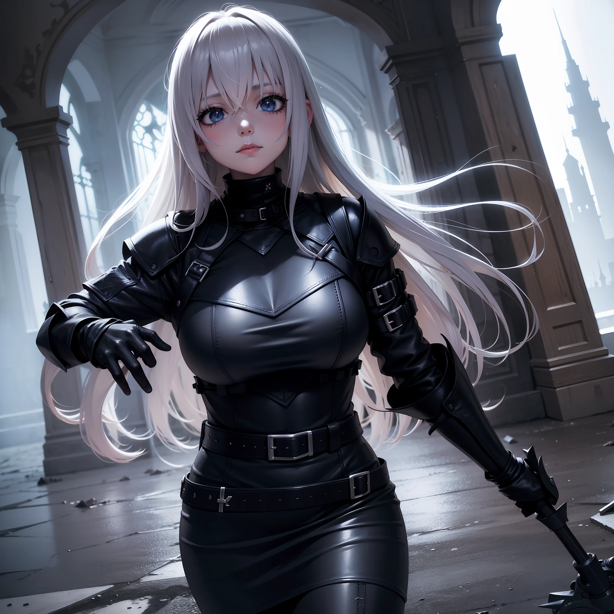 dark knight girl, black heavy armer, terror, in the abandoned castle , silver long hair,