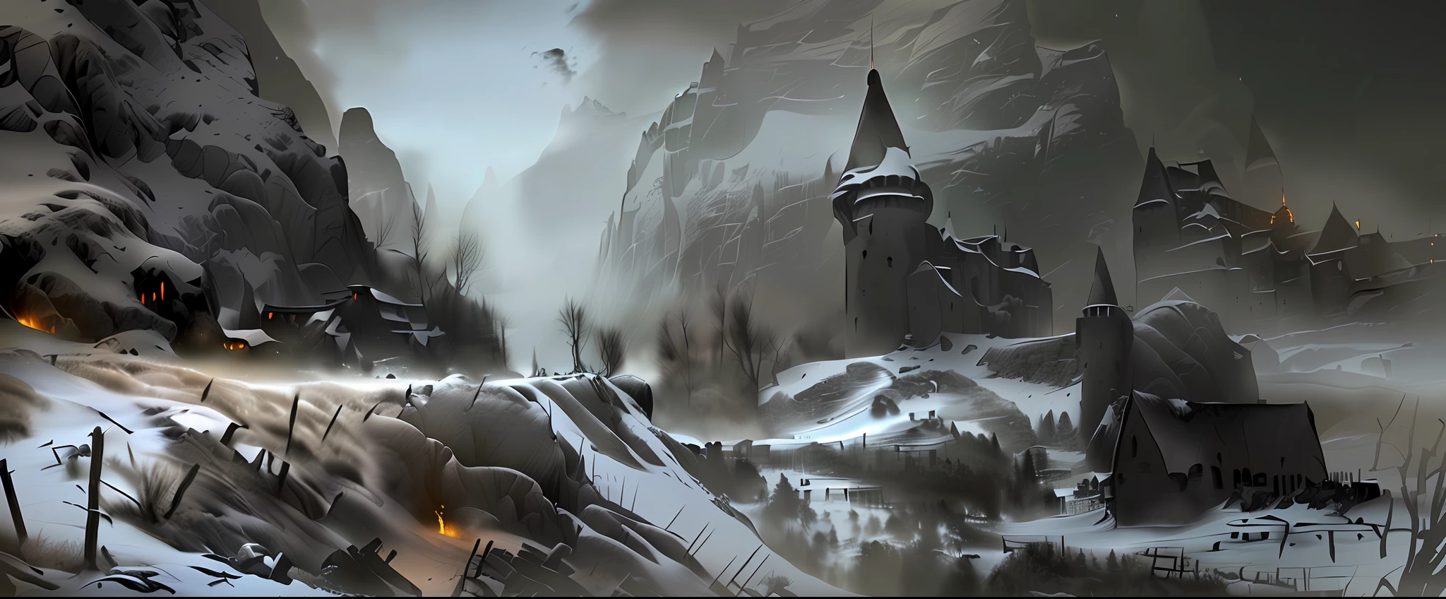 Snowy mountain landscape with castle and mountains as background, winter, battlefield, medieval battlefield, epic, desolate, waste, cold, Unreal Engine rendering, unreal 5, realism, cinematic lighting, natural lighting.