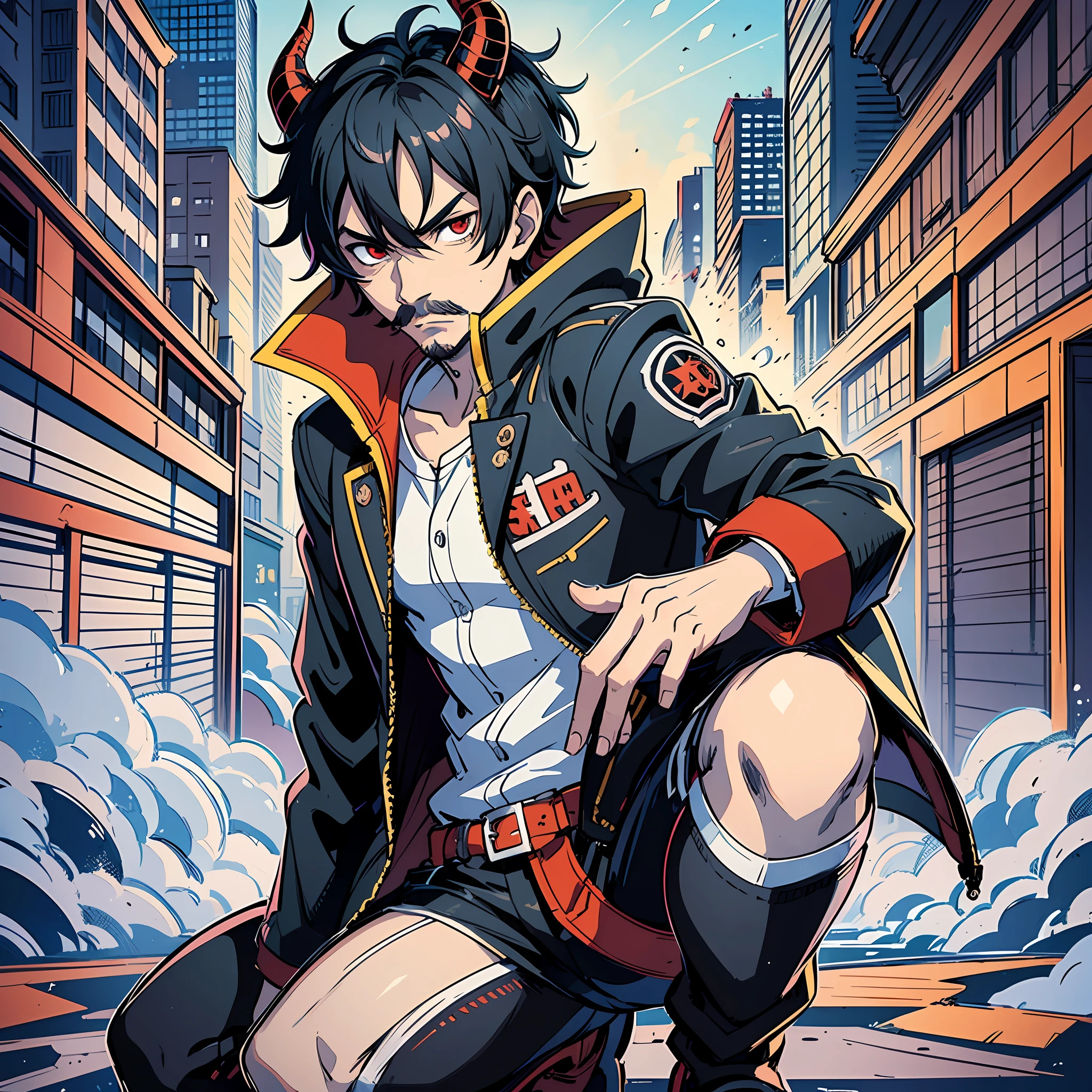(masterpiece, superior quality, best quality) Unreal Engine 5 .1, male male boy, anime character with black jacket, short black hair and red horns, wearing mustache, crouching,, manga art style, high quality fanart, danganronpa digital art, lowres, demon boy, comic art, Jamie Hewlett inspired, vibrant fan art, anato finnstark!!, official art, high quality color sketch --auto --s2