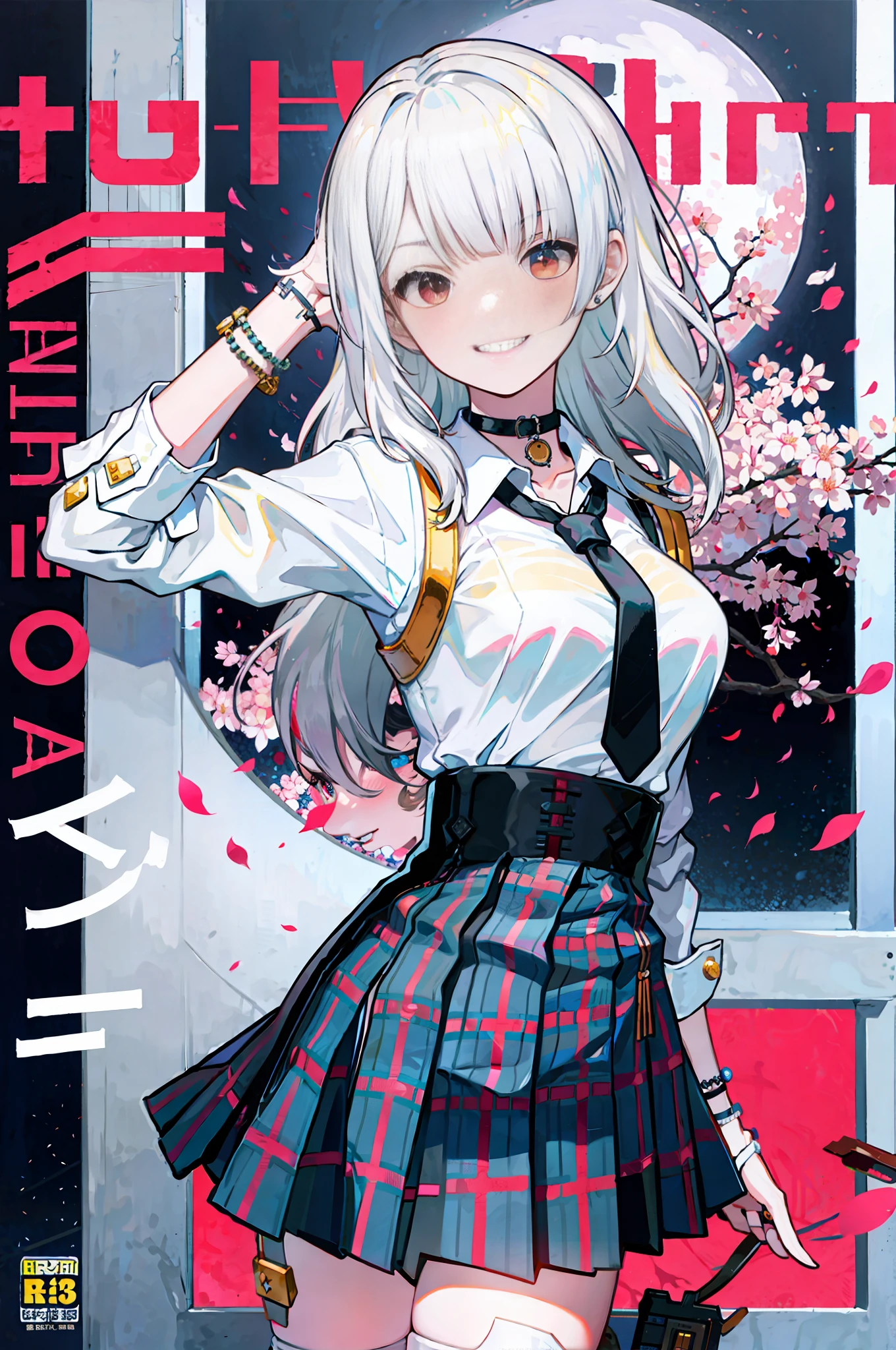 masterpiece, best quality, full body, 1girl, bangs, black choker, black necktie, blonde hair, blue skirt, blush, bracelet, breasts, choker, clothes around waist, collarbone, collared shirt, cowboy shot, dress shirt, ear piercing, eyebrows visible through hair, gradient hair, grin, gyaru, jewelry, kogal, long hair, looking at viewer, loose necktie, necktie, piercing, plaid, plaid skirt, pleated skirt, red eyes, ring, school uniform, shirt, skirt, smile, solo, white shirt, street, sky, cherry blossoms, petals,illustration, (magazine:1.3), (cover-style:1.3), fashionable, woman, vibrant, outfit, posing, front, colorful, dynamic, background, elements, confident, expression, holding, statement, accessory, majestic, coiled, around, touch, scene, text, cover, bold, attention-grabbing, title, stylish, font, catchy, headline, larger, striking, modern, trendy, focus, fashion,