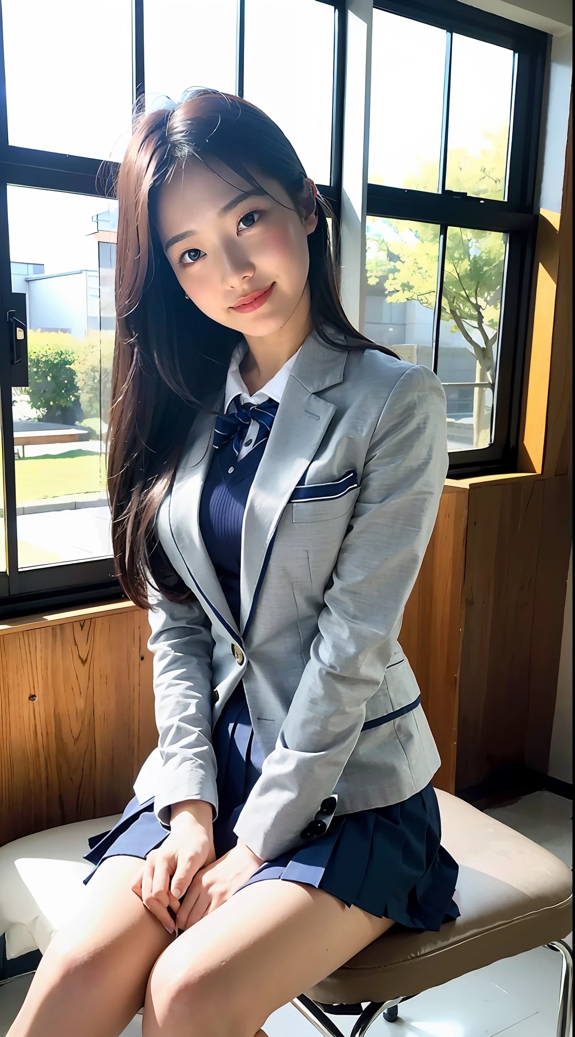 High school student, uniform, navy blue blazer, navy blue skirt