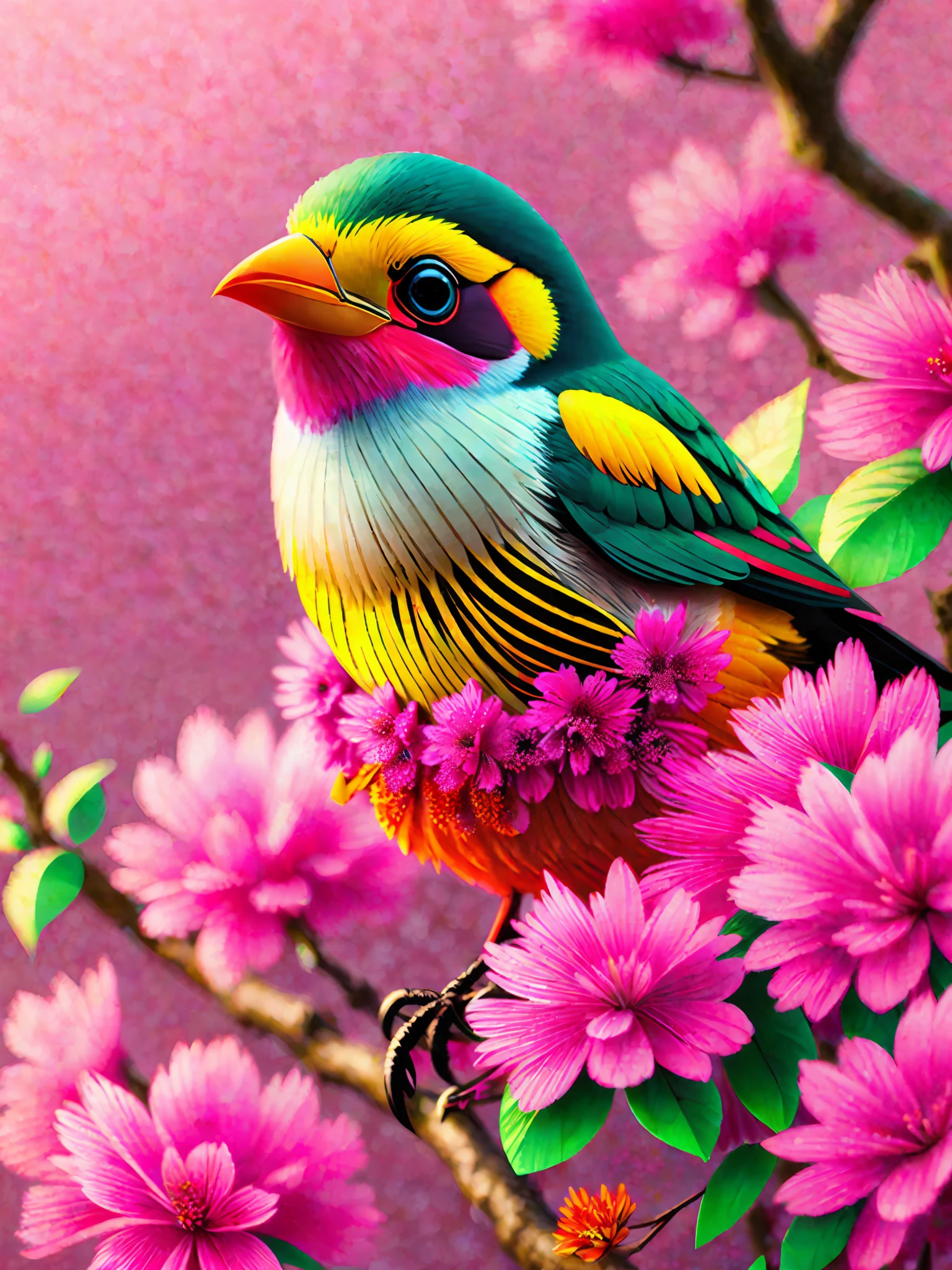 A bird sitting on a branch with pink flowers, CGI art, red yellow, hyperrealistic sparrow, pinterest, realistic art style, colorful, AI-generated images, very detailed portraits singing for you, stunning rendering