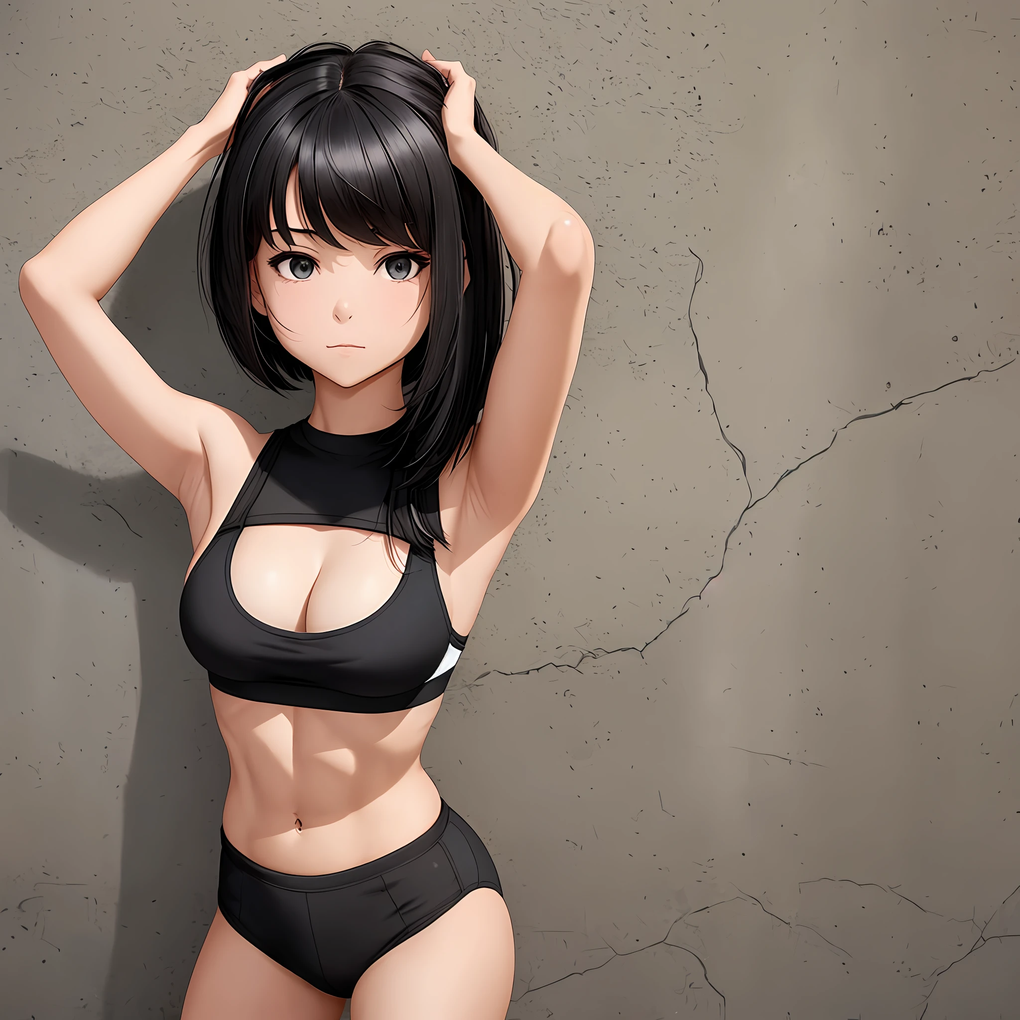 Girl posing in front of the wall, one girl, the pose is with her hands folded above her head, her hair color is black, her height is 160cm, she is wearing a black sports bra, she is wearing black racing bloomers, her abs are split into six, the girl is looking at the camera, her hair is short-cut.