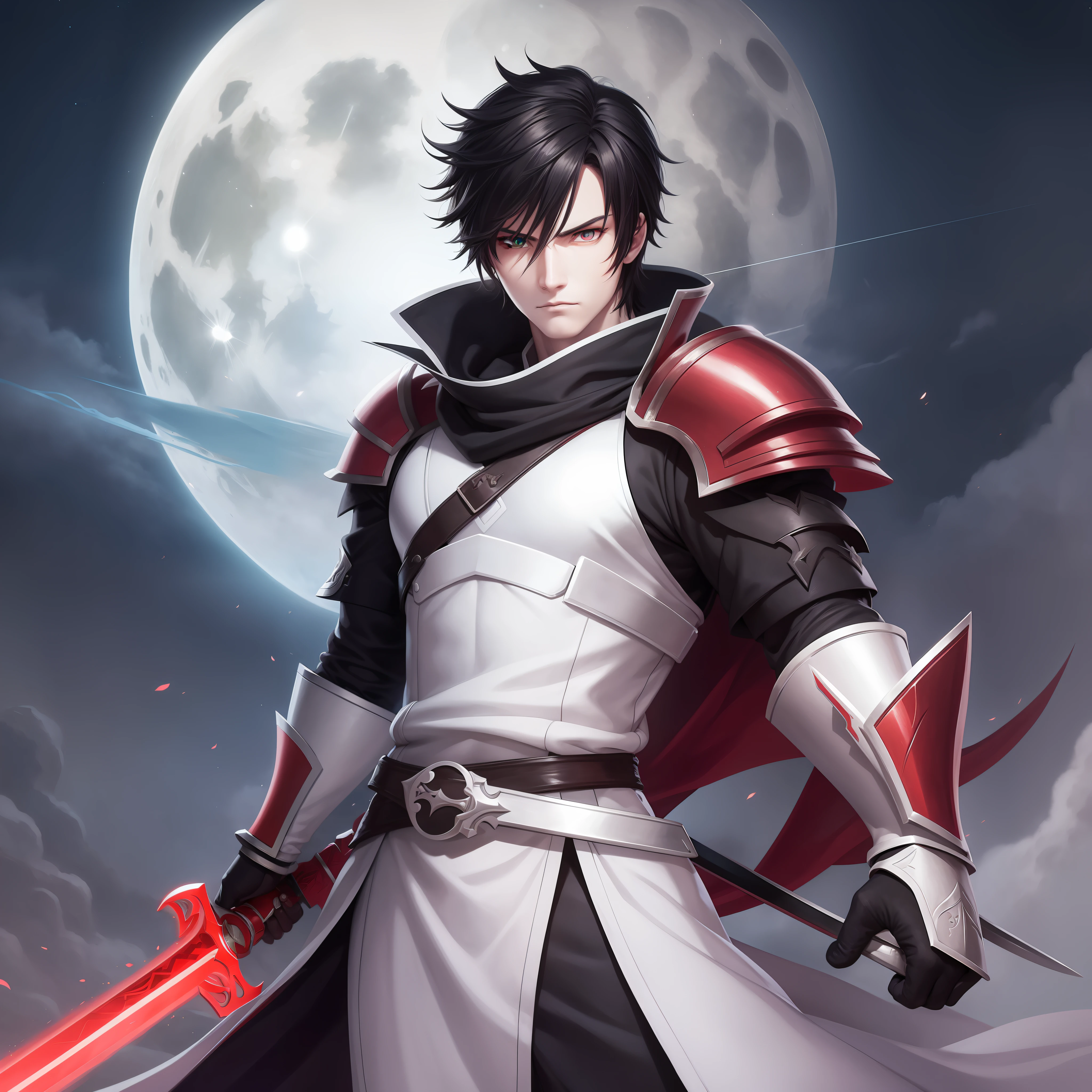 Swordsman,white,with black hair shivering,with a red sword,with green eyes,at night,full moon,Hd,best picture,wallpaper,anime photography,drawing, hd
