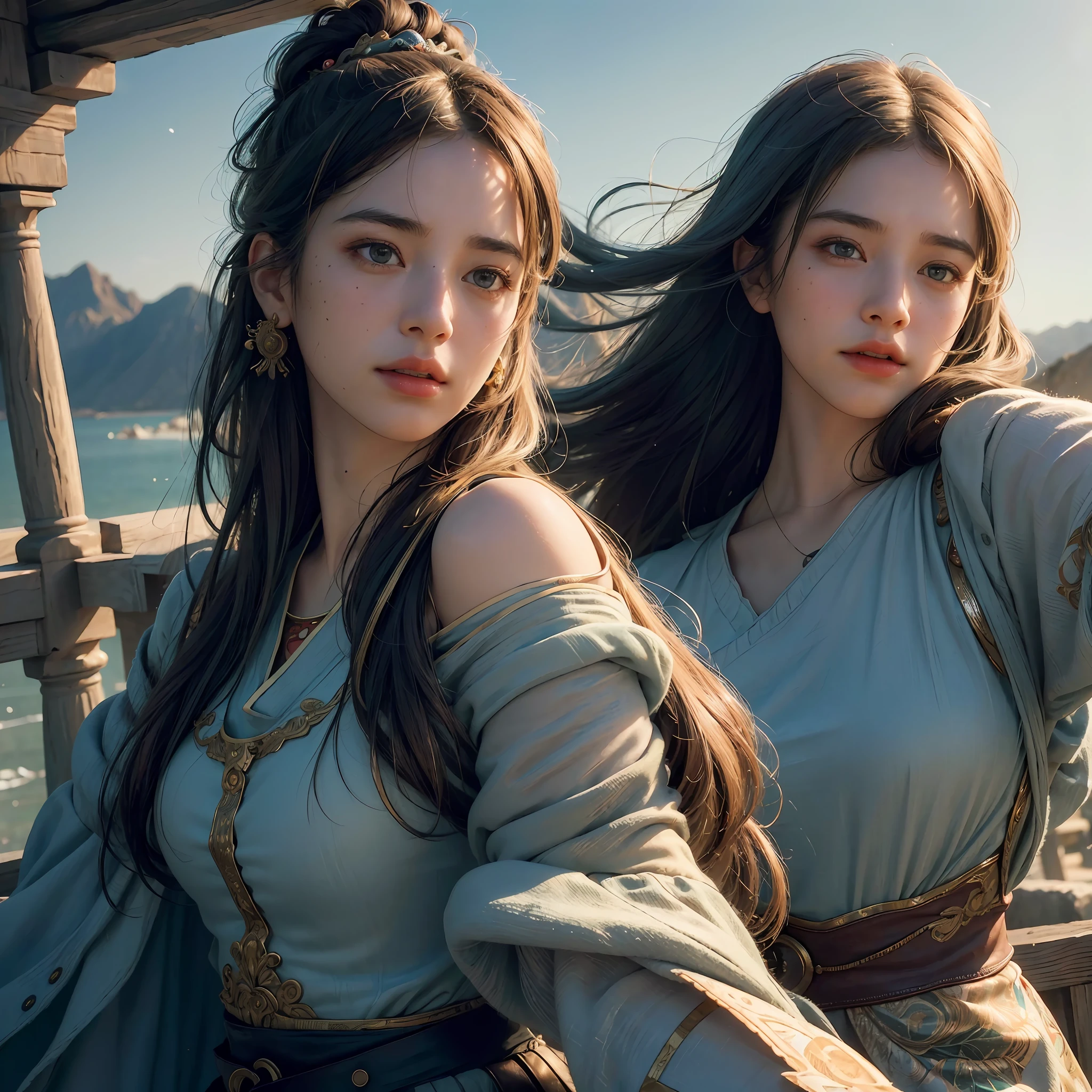 (RAW photo, best quality), (realistic, photo-realistic:1.3),best quality,highly detailed,masterpiece,ultra-detailed,illustration,1girl,upper_body,dynamic angle,world masterpiece theater,messy_long_hair,best quality,extremely detailed CG unity 8k wallpaper,ink,Amazing,cinematic lighting,lens_flare,,dunhuang_style
