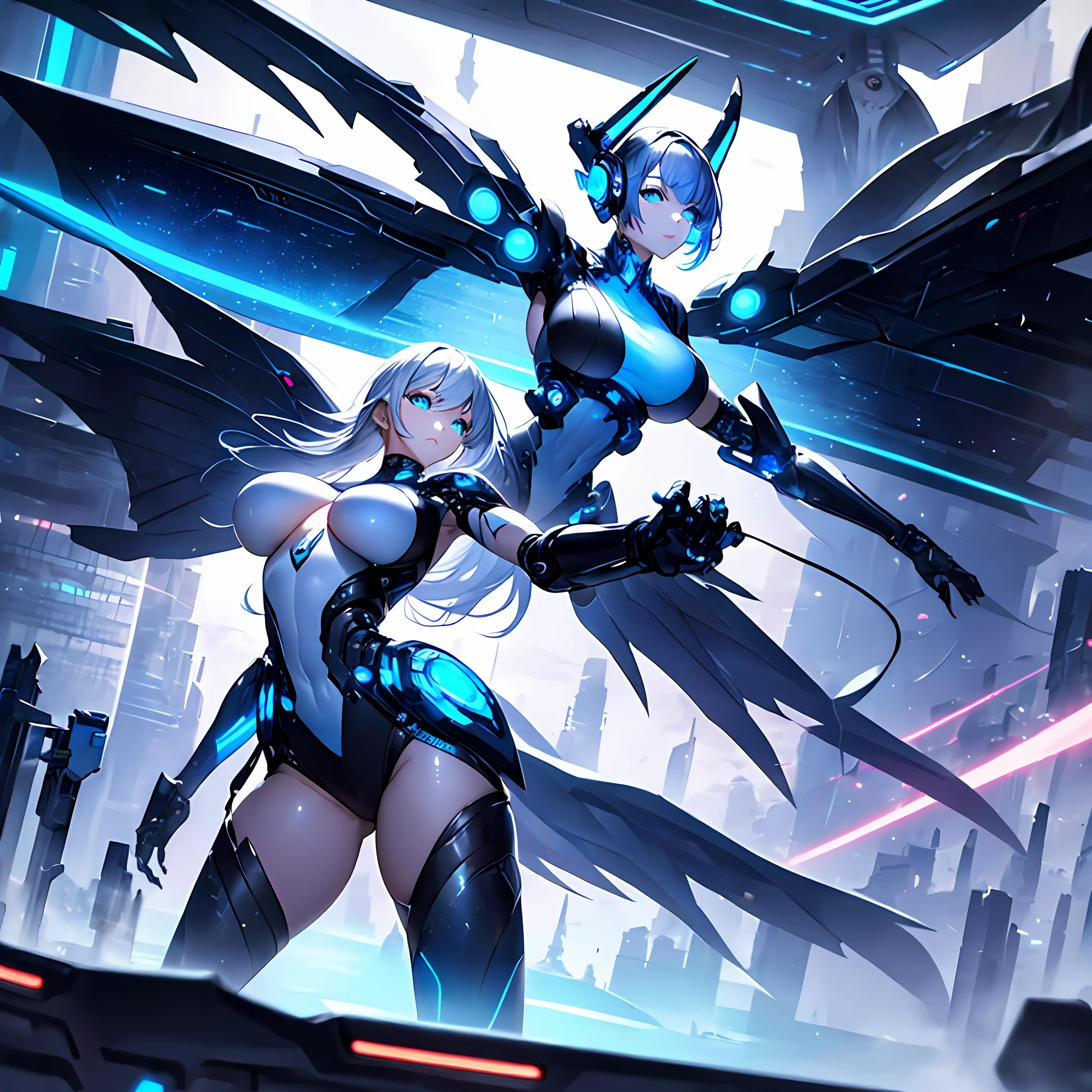 a beautiful and dangerous world, a world in the clouds, a white world, techno heaven. Describe the visual elements of a cloud inspired world were everything is white with colors as lighting, including the use of neon lights, glowing lines and shapes, and the distinctive blue and white color scheme. combine, futuristic, technological, details, enhancements, aesthetic, visuals, elemental, virtual reality, digital realm, sexy and beautiful, elegant and mysterious, dangerous and deadly. two characters, (a cyborg girl (huge boobs:1.2)), (blue harpy robot (huge boobs:1.4))