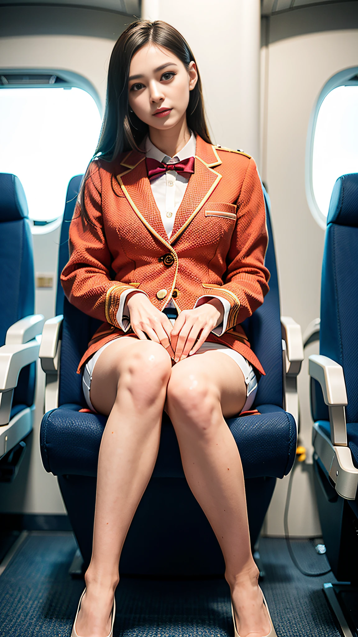(8k, RAW photo, best quality, masterpiece: 1.2), (realistic, photorealistic: 1, .37), beautiful, Japan person, cabin attendant uniform, woman, on board the plane, professional lighting, photon mapping, torn, big, very small in size knitted tips protruding, areola protruding, pubic shape clearly visible, gal, a lot of lashes, Lame on eyelids, lips, heels, slender, open crotch, large and spilling out of uniform