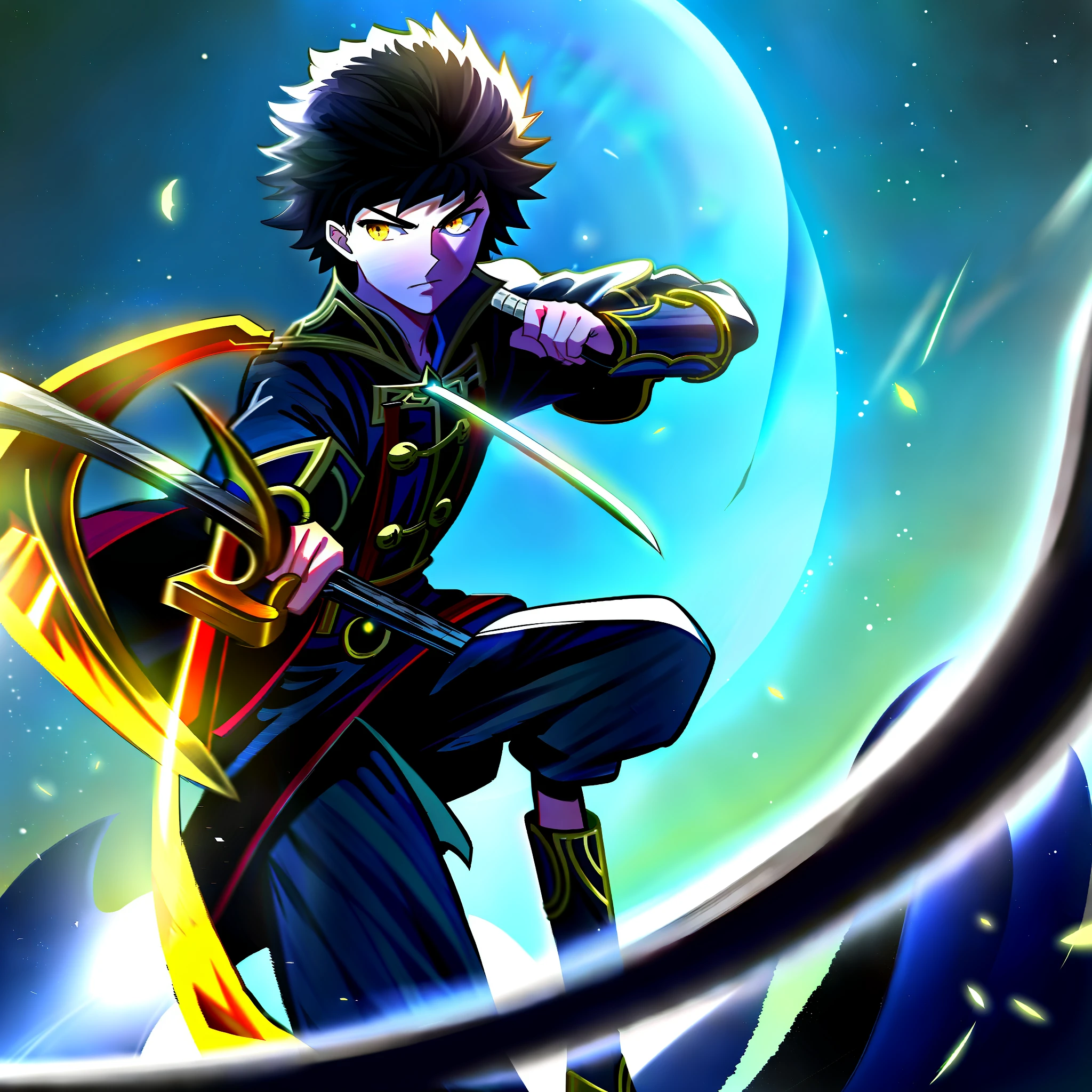 Swordsman,brunette,with black affro hair,with a yellow sword,with thunder eyes,at night,full moon,Hd,best picture,wallpaper,anime photography,drawing,hd