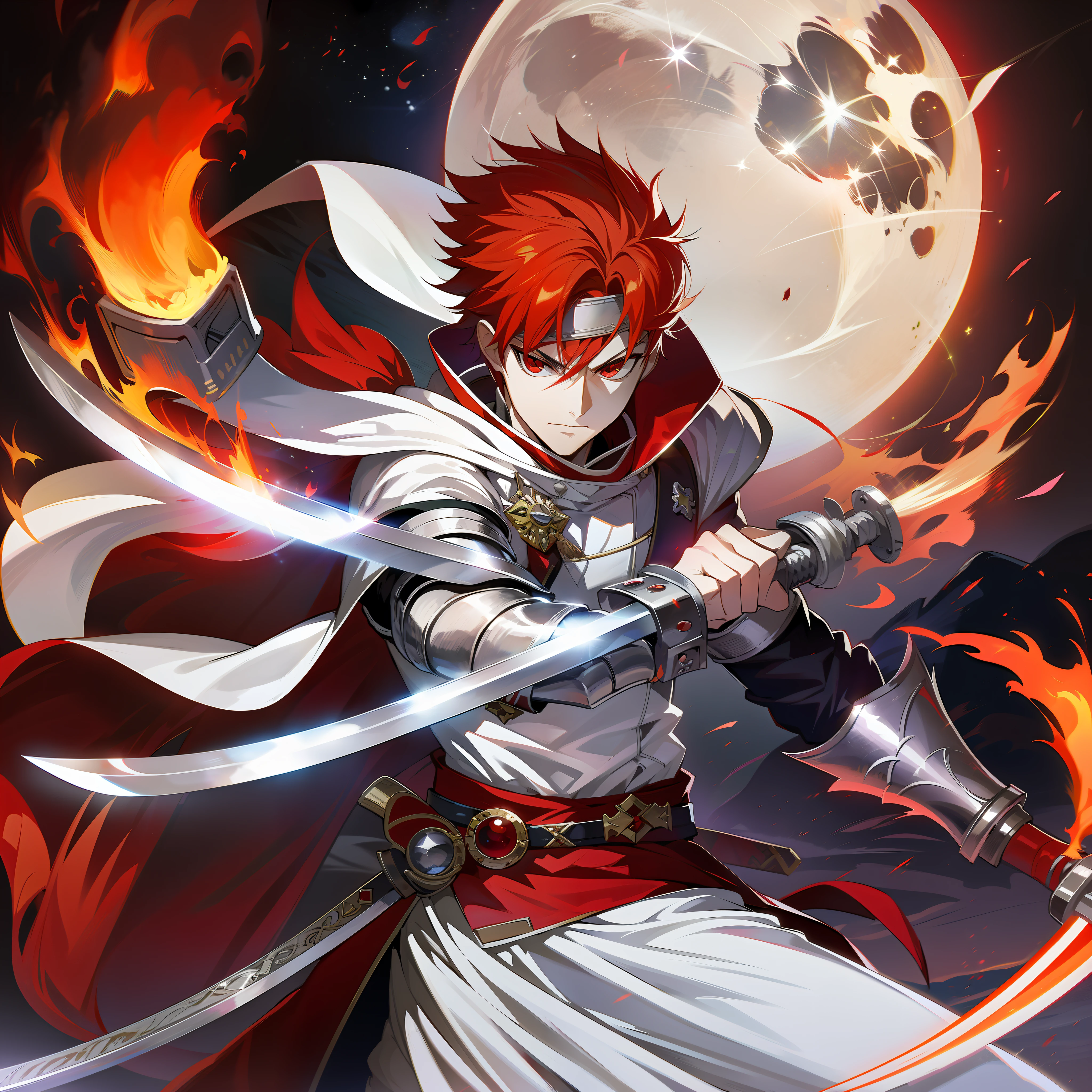 Swordsman,white,with fire red hair,with a red sword,with fire eyes,at night,full moon,hd,best picture,wallpaper,anime photography,drawing, hd