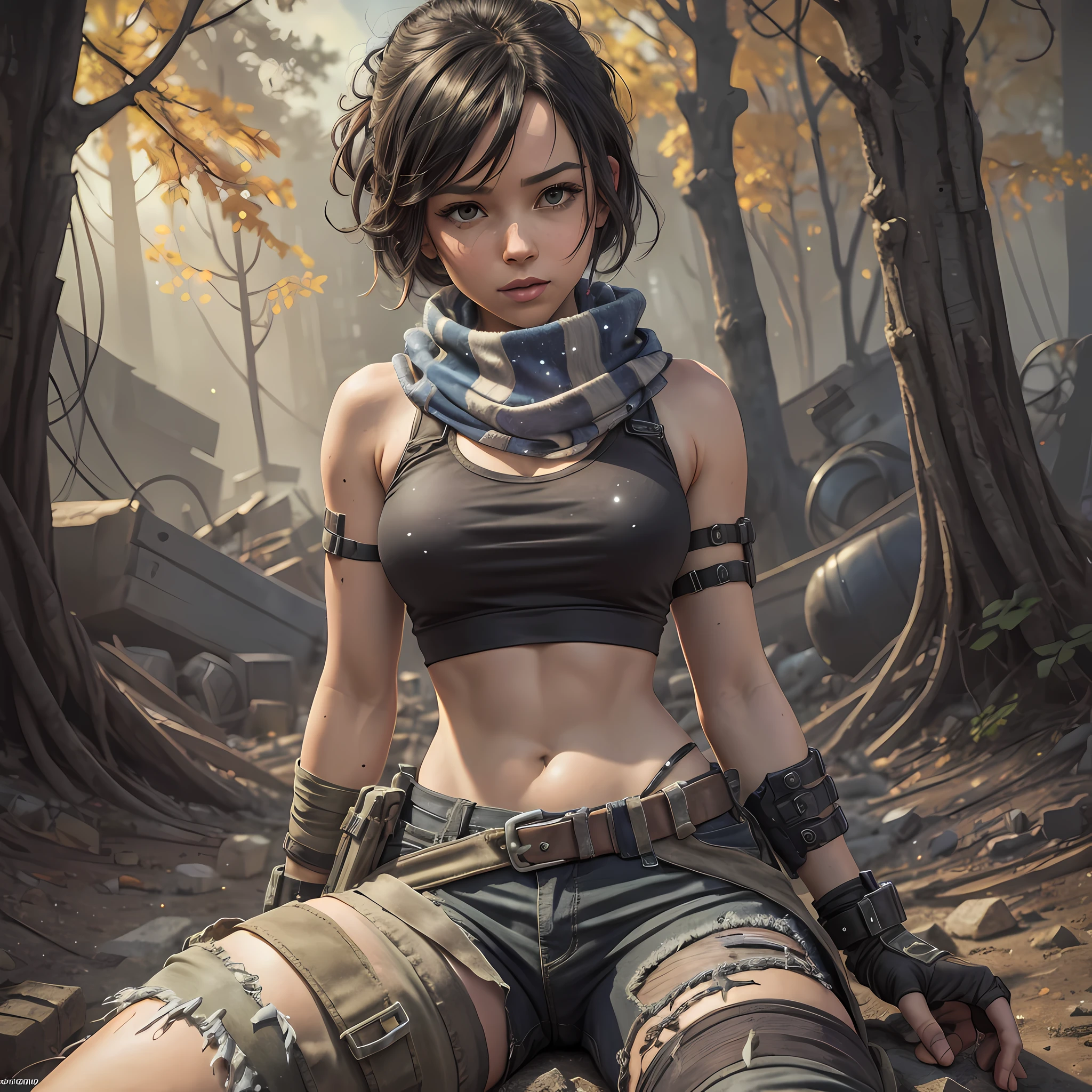 DollieNobodySD15 Post-apocalyptic, shabby Scavenger Outfit: Worn-out, dust-covered utility jacket, faded black tank top, cargo pants with patchwork repairs, sturdy scuffed combat boots, fingerless gloves, multipurpose scarf. lob hair by Keith Parkinson Galactic Observatory, Space observatory studying distant galaxies, black holes, and cosmic phenomena. bright morning sunlight shining (zrpgstyle) (masterpiece:1.2) (best quality:1.2) (detailed) (intricate) (8k) (HDR) (cinematic lighting) (sharp focus)