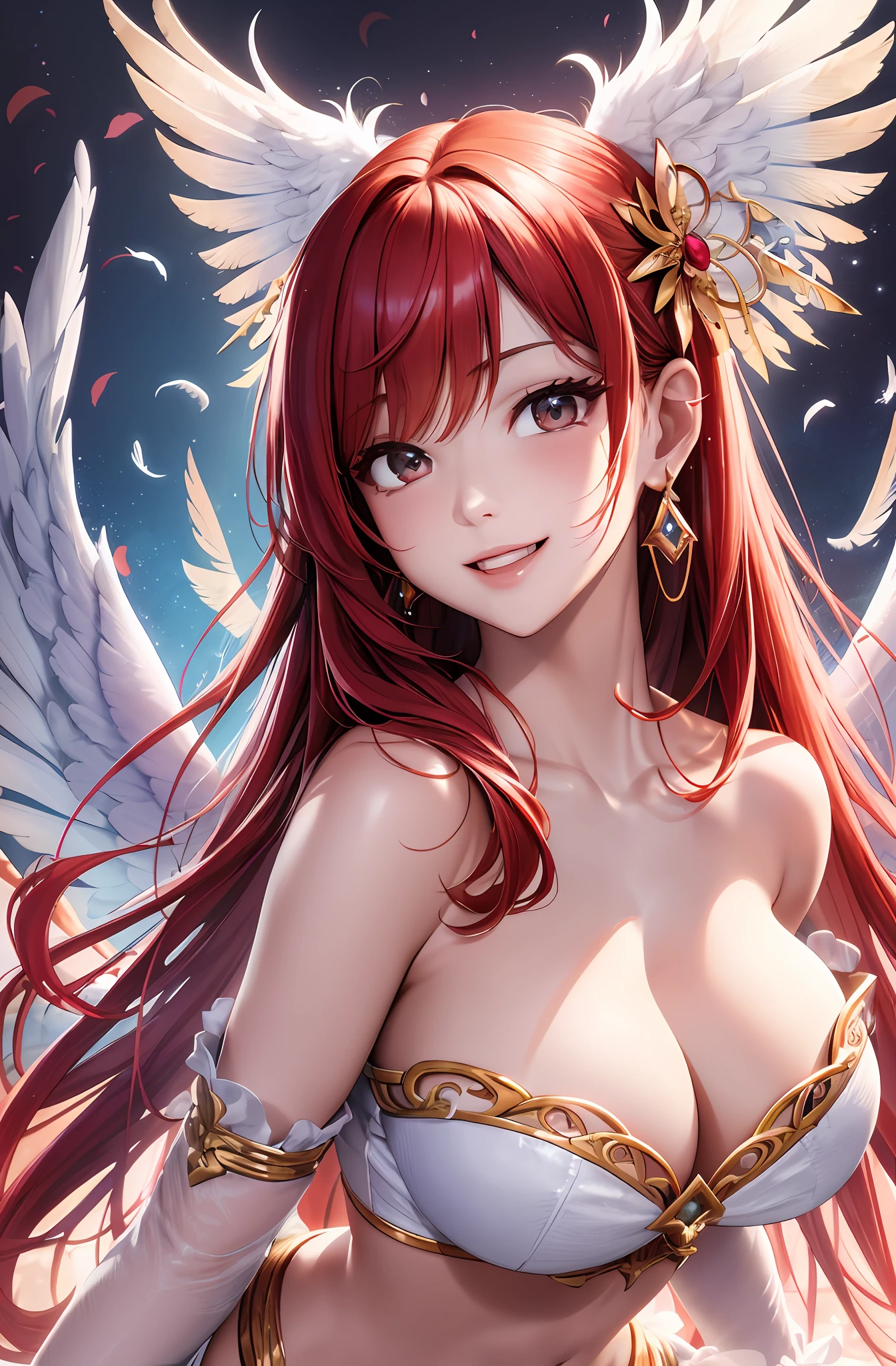 bestquality、Ultra High Res、(photorealistic:1 beauty girl.4 Beauty)、。charming face。Model Face。hair long。slender。beautiful detail、Red hair。Big Boobs。ear ring。Raking up your hair。Detailed details。vivid。realistic details。lifelike。naked，。Angel wings extending from the back。Get on your knees。Get on your knees。an angel。smiling smile。Cheerful smile。navel out, Detached sleeves, Bare Shoulders, Central opening, cleavage between breasts, mid breasts, Hair clip with long feathers, hair ornamen,