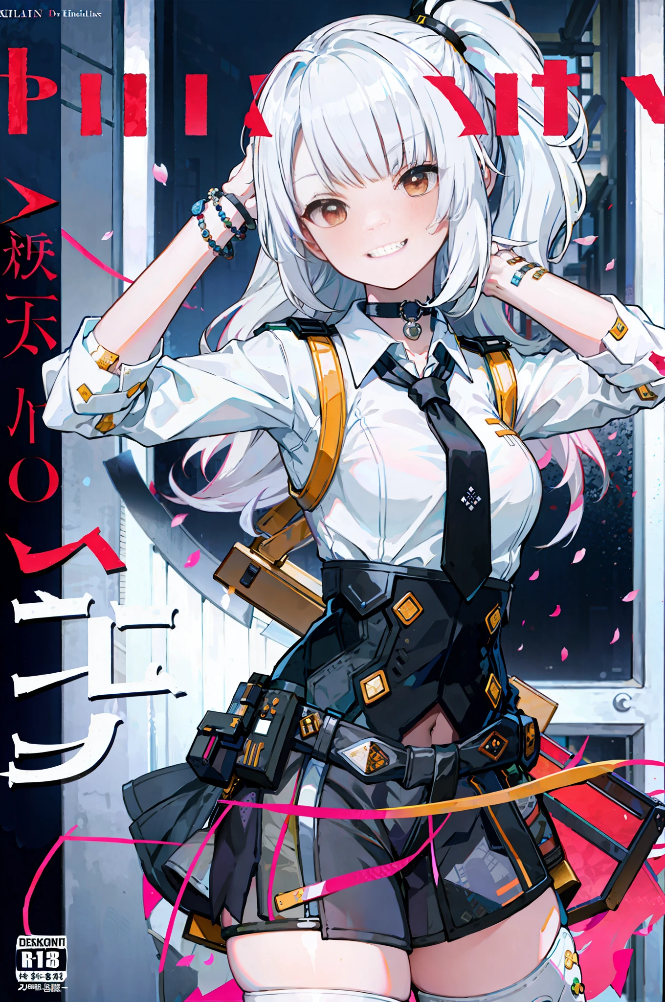 masterpiece, best quality, full body, 1girl, bangs, black choker, black necktie, blonde hair, blue skirt, blush, bracelet, breasts, choker, clothes around waist, collarbone, collared shirt, cowboy shot, dress shirt, ear piercing, eyebrows visible through hair, gradient hair, grin, gyaru, jewelry, kogal, long hair, looking at viewer, loose necktie, necktie, piercing, plaid, plaid skirt, pleated skirt, red eyes, ring, school uniform, shirt, skirt, smile, solo, white shirt, street, sky, cherry blossoms, petals,illustration, (magazine:1.3), (cover-style:1.3), fashionable, woman, vibrant, outfit, posing, front, colorful, dynamic, background, elements, confident, expression, holding, statement, accessory, majestic, coiled, around, touch, scene, text, cover, bold, attention-grabbing, title, stylish, font, catchy, headline, larger, striking, modern, trendy, focus, fashion,