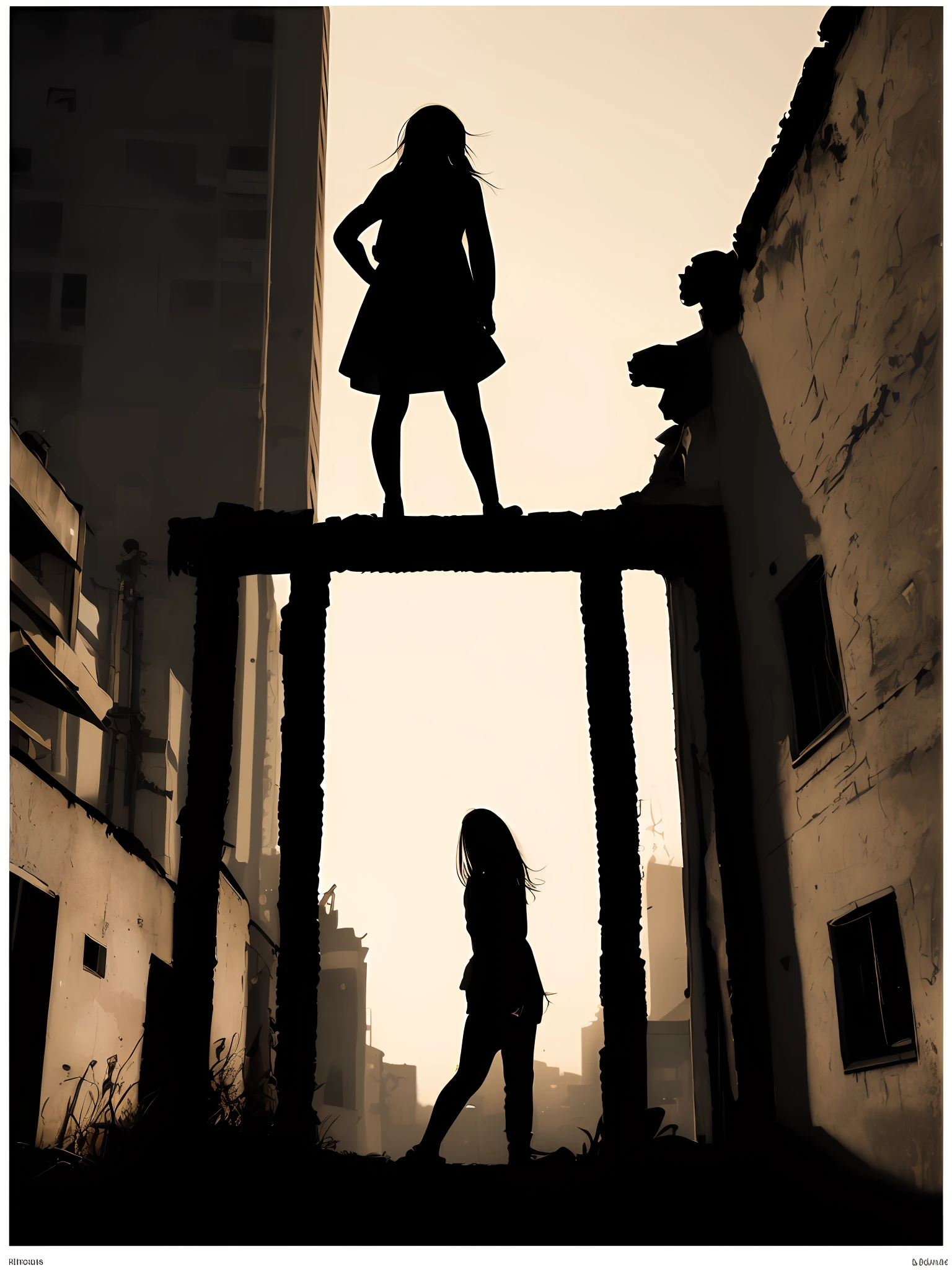 book portrait ( silhouette of a 17 years old teenage girl ) (medium size chest and ass) ( abandoned city silhouette ) with the title in the down part (title is "scars of the past ")