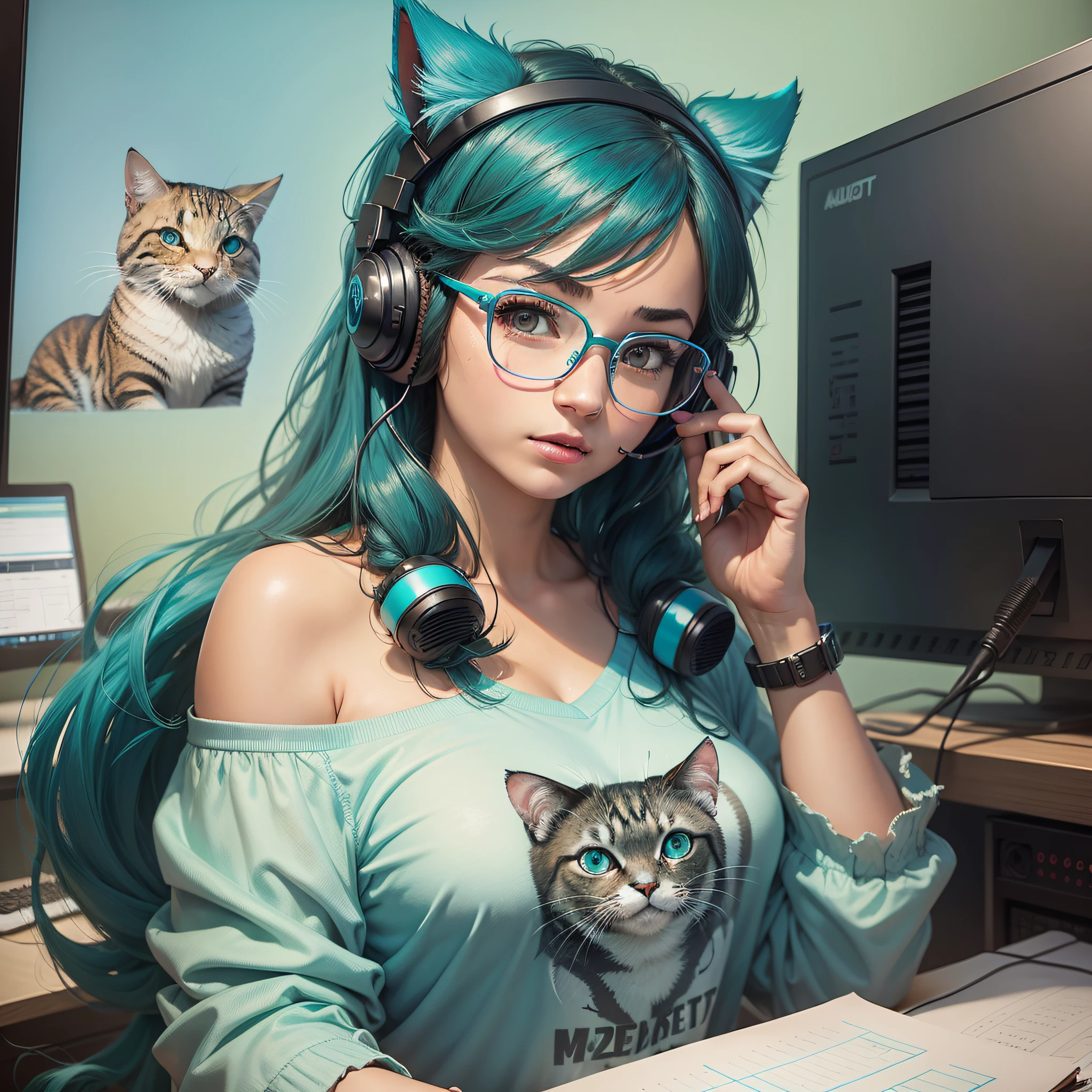 A woman, with shoulder-sized hair in turquoise, wears social clothes, she wears round glasses, wears a cat earpiece headset, is in a gamer room, realistic drawing style, face focus