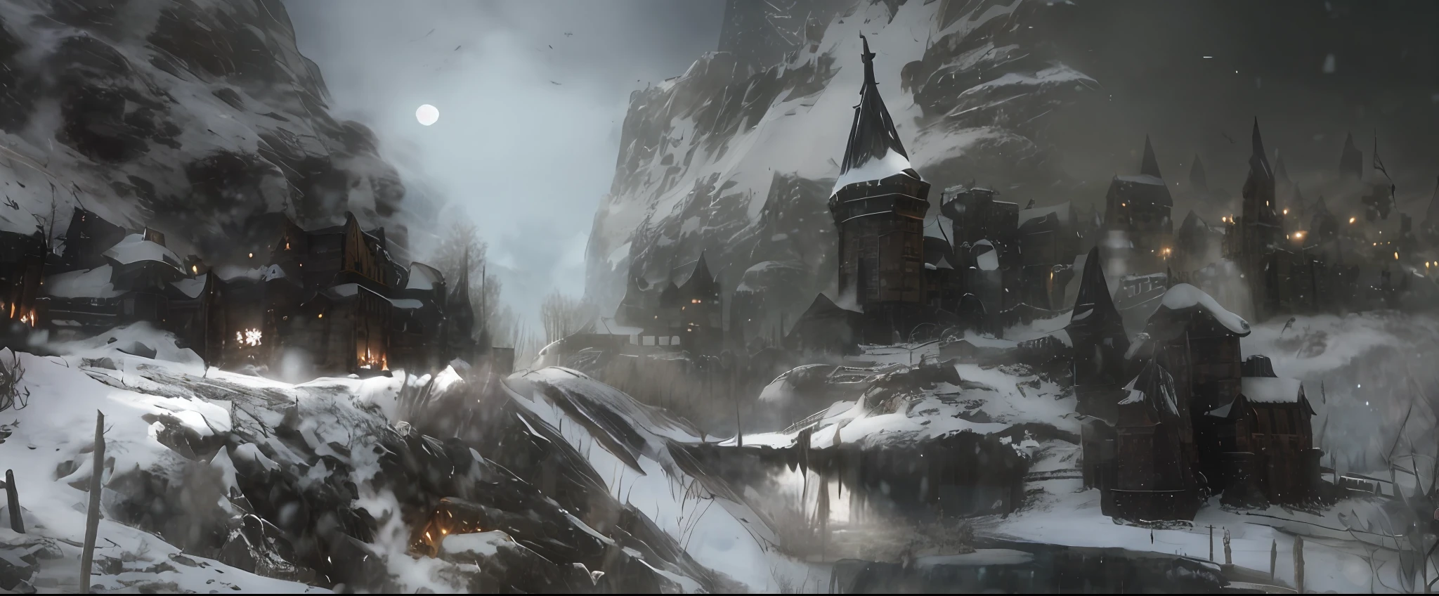 Snowy mountain landscape with castle and mountains as background, winter, battlefield, medieval battlefield, epic, desolate, waste, cold, Unreal Engine rendering, unreal 5, realism, cinematic lighting, natural lighting.