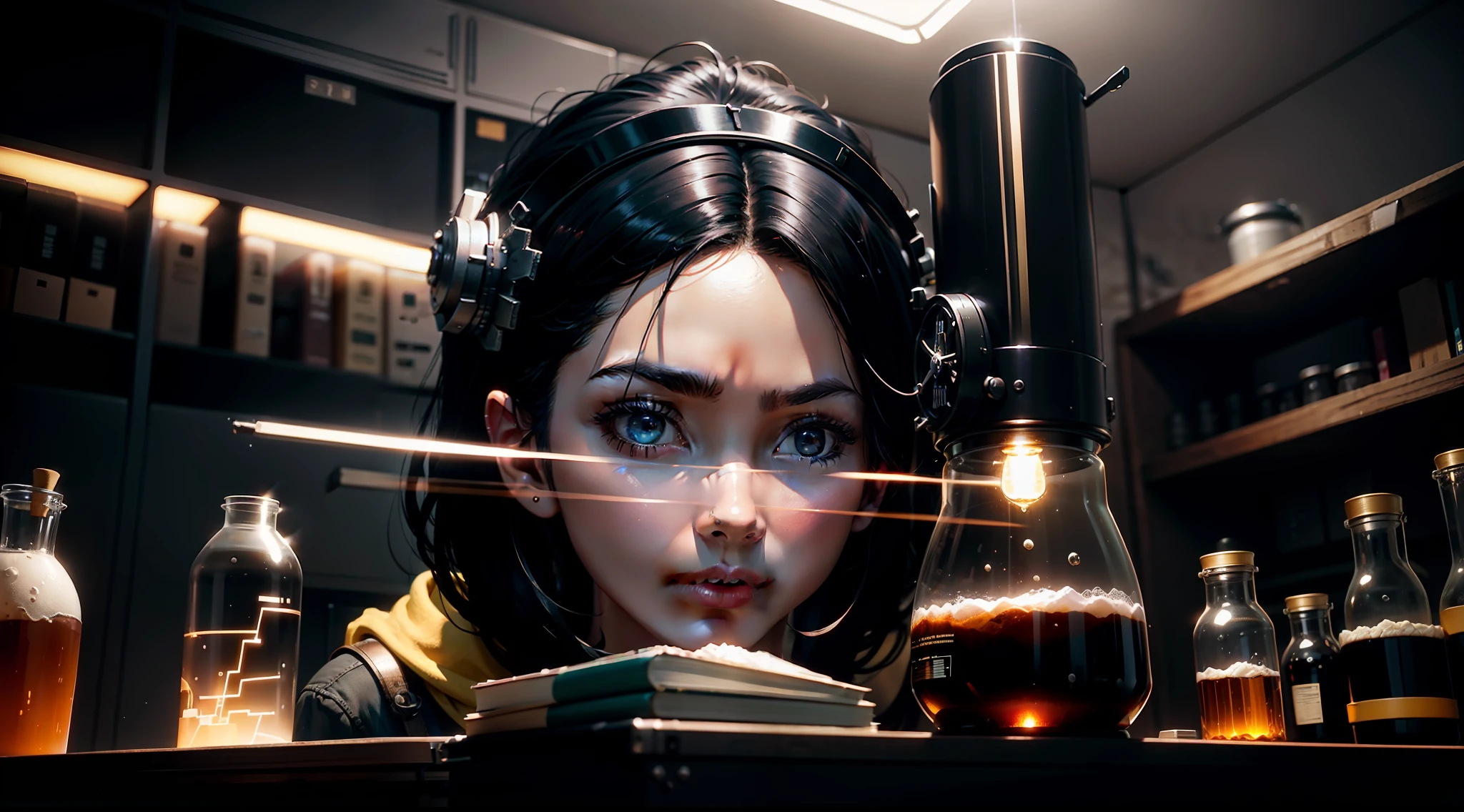 /imagine prompt: illustration of A scientist with black hair invented ,In the laboratory::10, Strange container containing::12, DNA object::13, A lot of lightning::15, rule of thirds composition::8, tilt-shift::13, ultrawide shot::3, Unreal Engine::15, Studio light::8, beautiful lighting::13, Cinematic light::12, Bold and bright::10, Dramatic::13, hyper quality::12, Steampunk cityscape::14 --seed 32455 --s 400 --q 2 --c 40