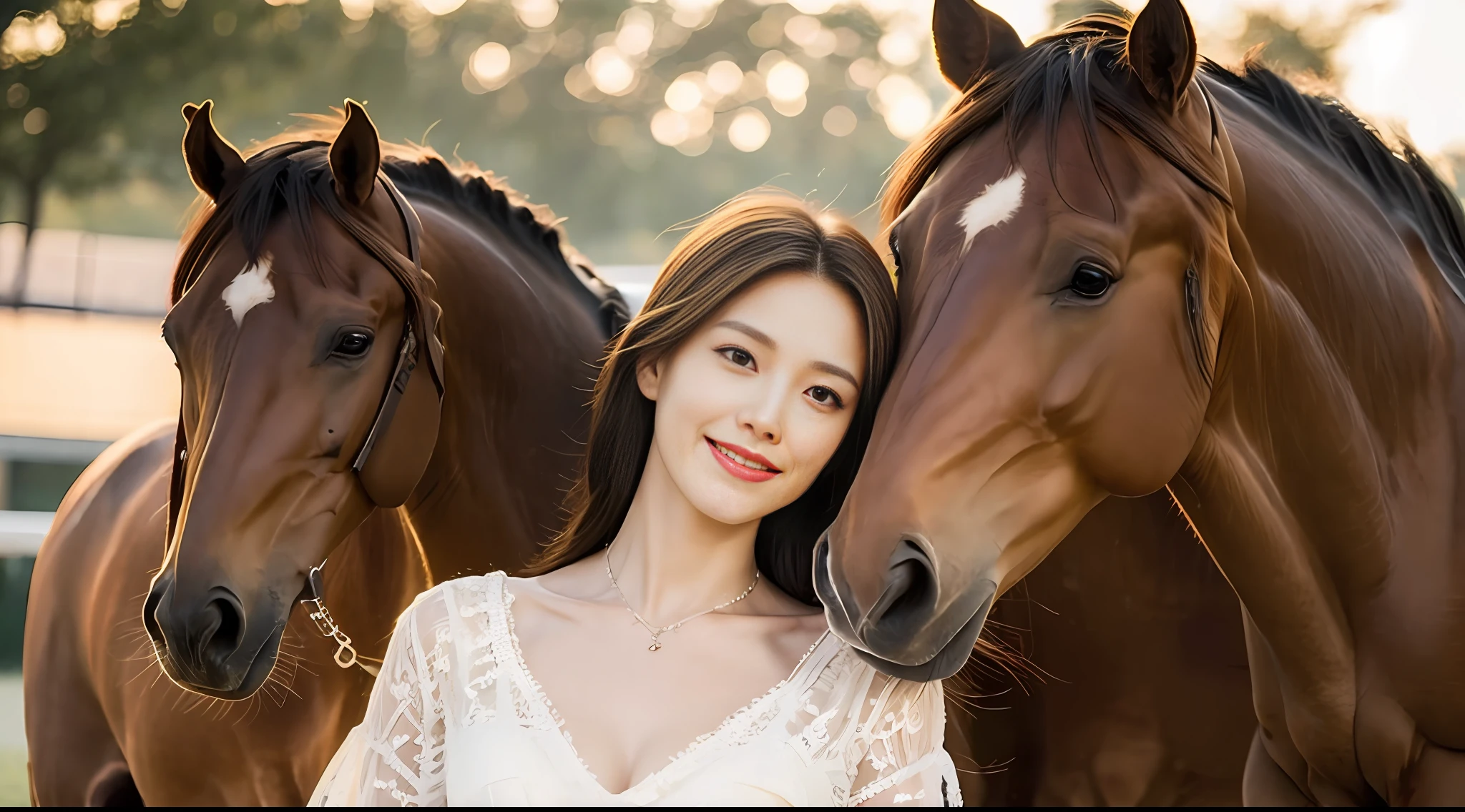 Masterpiece, top lighting, bright light, smile, brown delicate and delicate long hair, man next to the horse, delicate dress, big breasts, big breasts without leaking points, high-definition facial features, 8K, double eyelids, delicate and delicate facial features, whitened skin, necklace