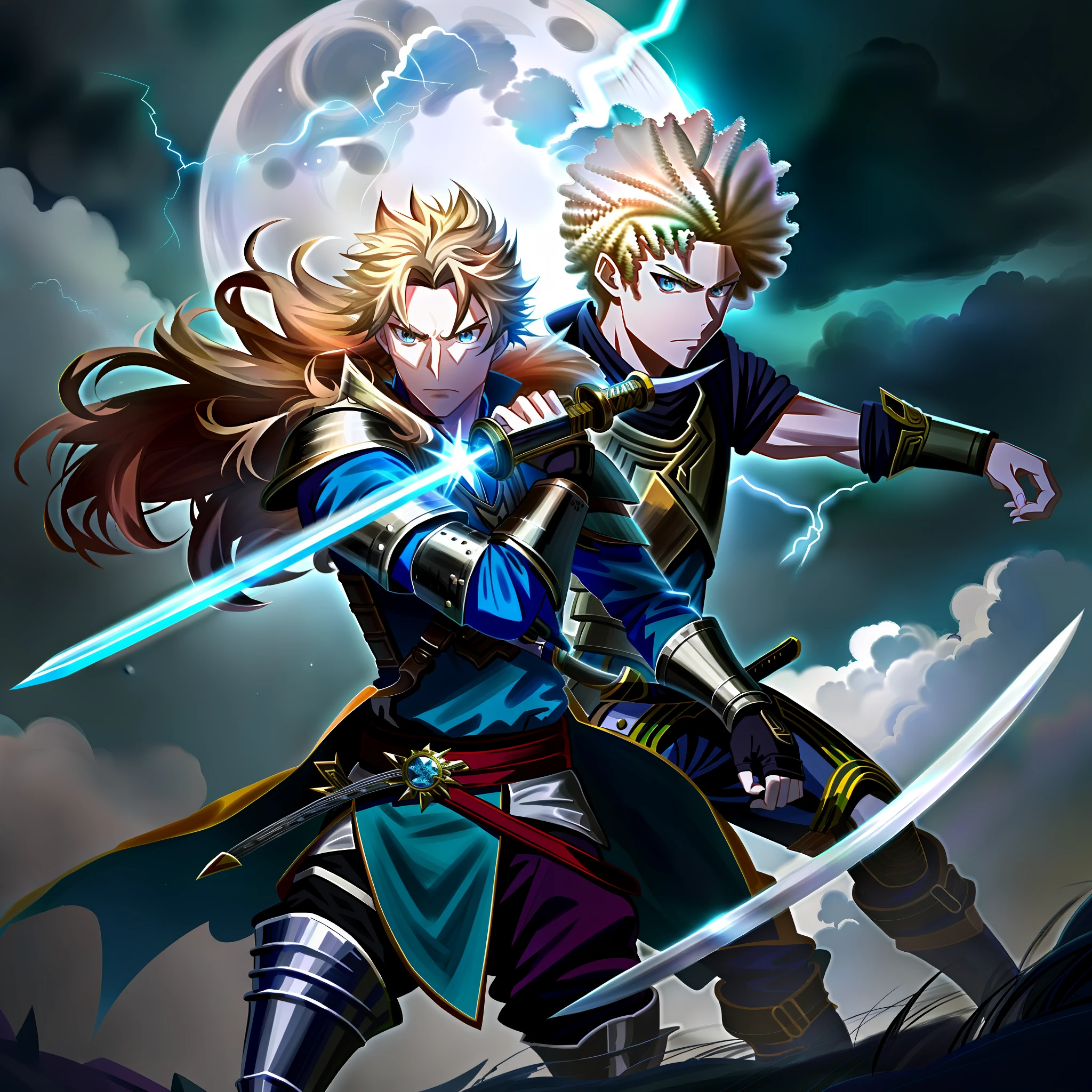 Swordsman,brunette,with blonde affro hair,with a blue sword,with thunder eyes,at night,full moon,Hd,best picture,wallpaper,anime photography,drawing,hd,with thunder around