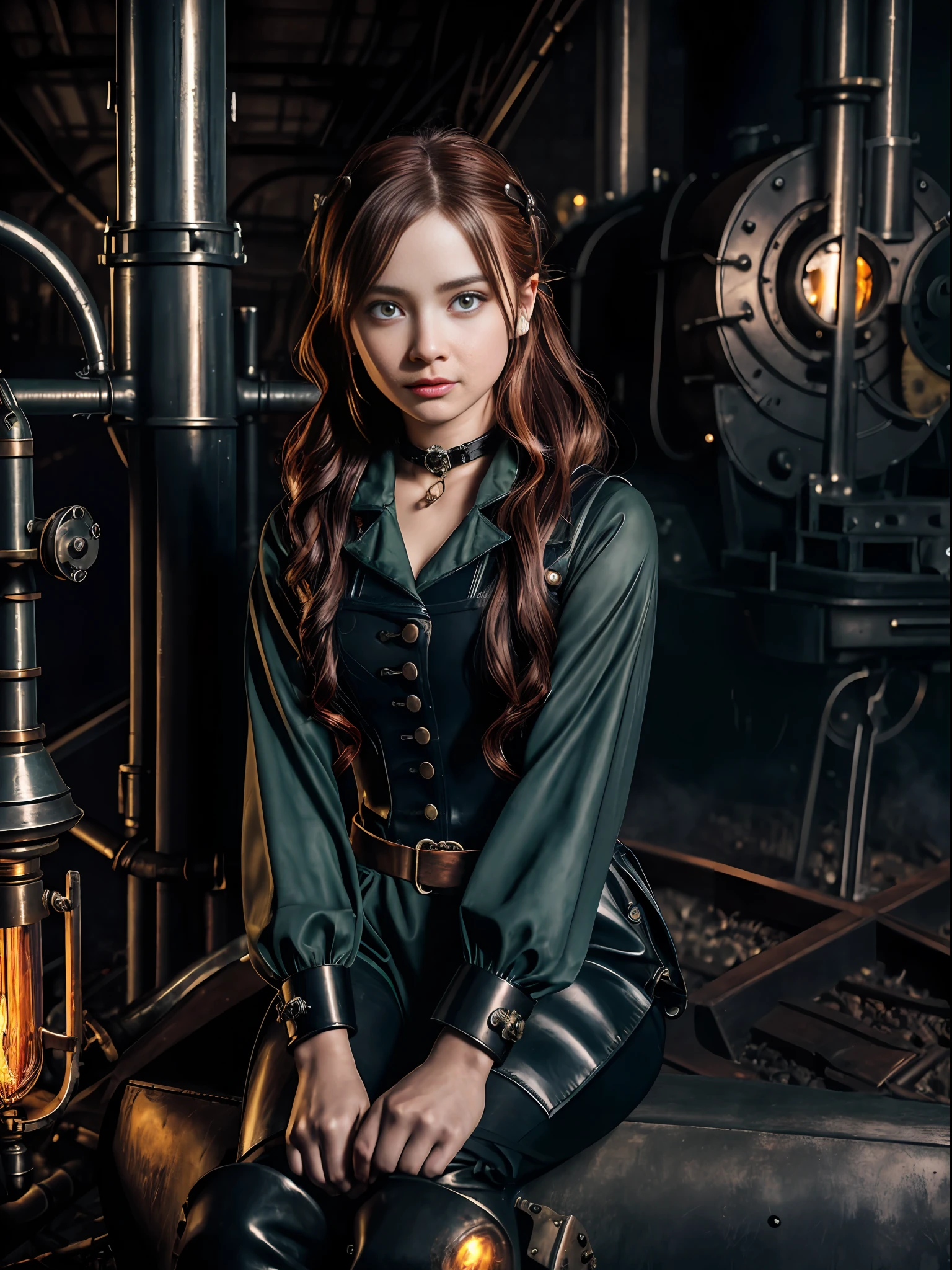 photorealistic, perfect anatomy, realistic character, hyper photorealism, very high contrast photograph, street photography, cinematic lighting, dramatic lighting, shot from the back, (((a girl is sitting and repairing a steam engine in the steamy smoky workshop))), (a 19 yo girl, (Ana de Armas:0.70), (redhead:1.1)), very cute, (perfect eyes:1.1), photorealistic wavy hair, a girl in a steampunk jumpsuit in light gray color, intercom headset, steampunk choker, long leather boots, perfect detailed face, detailed symmetric green eyes with circular iris, fixing a steam engine in the steampunk garage filled with steam and smoke, cogs and gears, steamy background with lots of steam pipes and steam valves and pressure gauges and gears, intricate background, very highly detailed costume, very highly detailed background, steampunk fantasy style, steampunk , steampunk aesthetic, steamy, smoky