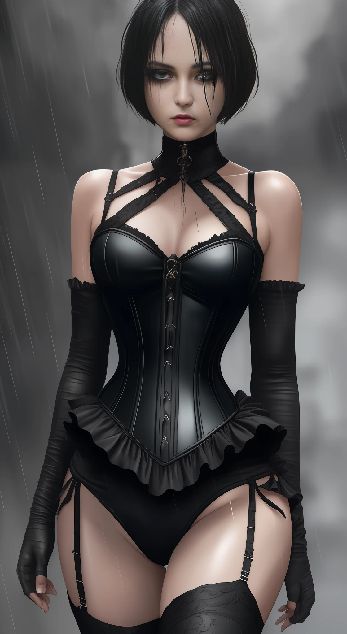 Women 20 years, Camel toe, gothic makeup, strong black paint on the eyes,((Top Quality, 8k, Masterpiece: 1.3)), Sharp Focus: 1.2, Beautiful Women with Perfect Figure: 1.4, Slender Abs: 1.2, ((Layer-cut, Big: 1.2)), (Rain, Street: 1.2), Wet Body: 1.5, Highly Detailed Face and Skin Texture, Detailed Eyes, Double Eyelids, Very Short Hair, Studio, BDSM, slave, Black Corset, Bondage, Collar, tight skirt, restrained, panties aside, bottom
