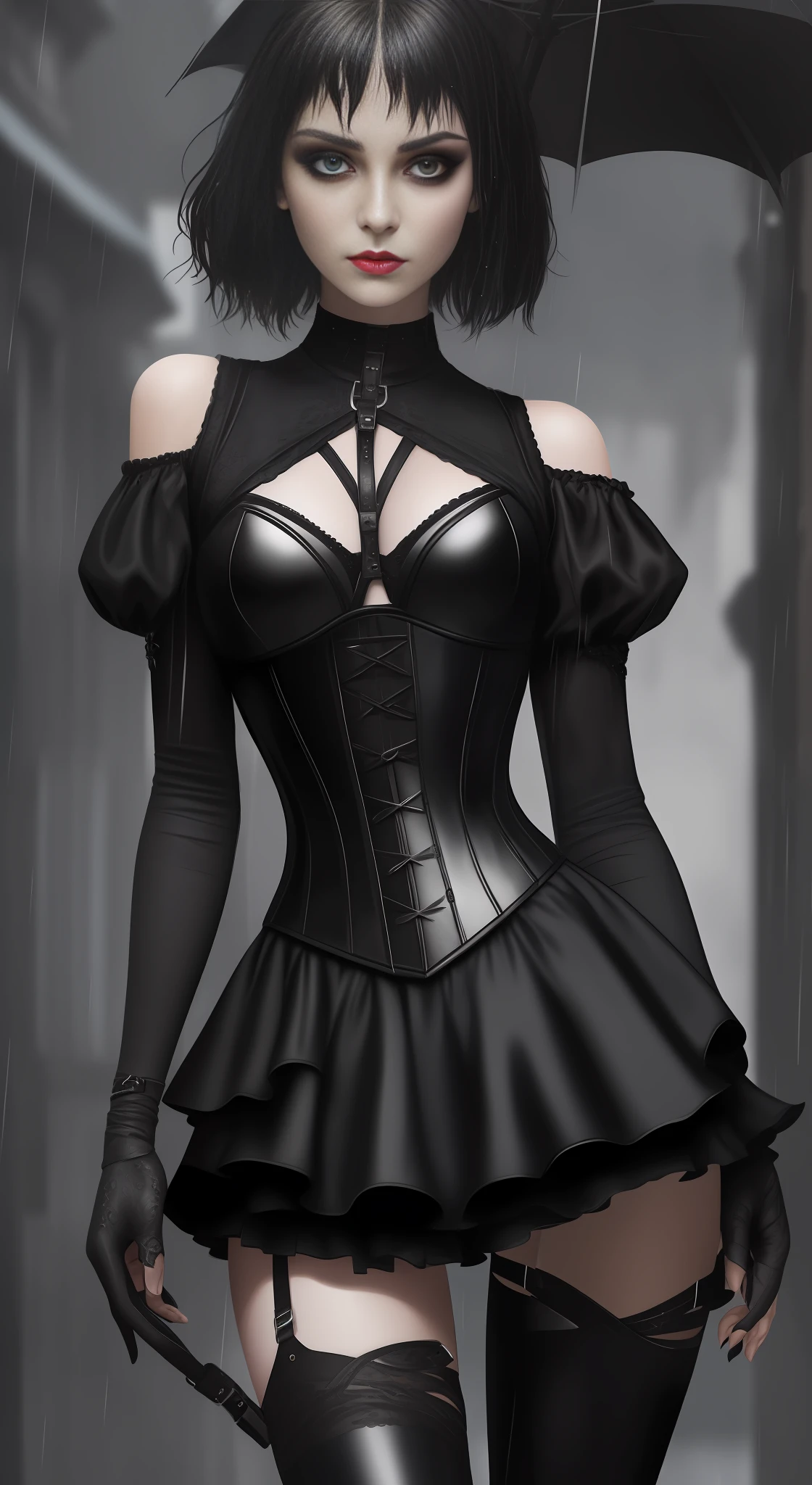 Women 20 years, Camel toe, gothic makeup, strong black paint on the eyes,((Top Quality, 8k, Masterpiece: 1.3)), Sharp Focus: 1.2, Beautiful Women with Perfect Figure: 1.4, Slender Abs: 1.2, ((Layer-cut, Big: 1.2)), (Rain, Street: 1.2), Wet Body: 1.5, Highly Detailed Face and Skin Texture, Detailed Eyes, Double Eyelids, Very Short Hair, Studio, BDSM, slave, Black Corset,  Bondage, Collar, tight skirt, restrained, panties aside, bottom