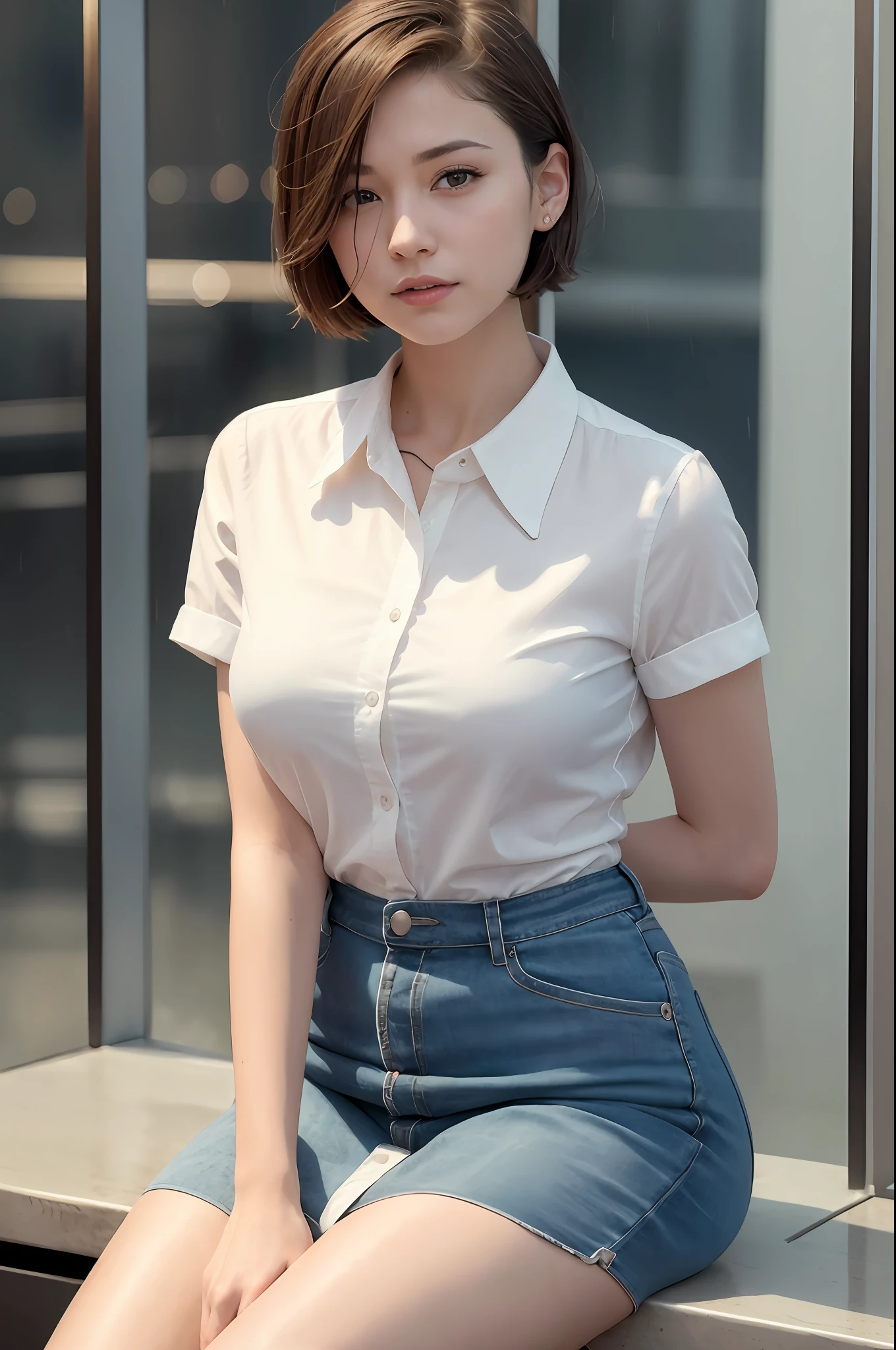 (8k, top quality, masterpiece: 1.2), (realistic, photorealistic: 1.37), super detailed, girl single, cute, solo, beautiful detailed sky, detailed café, night, sitting, dating, (blush), (smile: 1.15), (closed mouth) small breasts, fine beautiful eyes, (collared shirt: 1.1), night, wet, office clothes, rain, (short hair: 1.2), Floating NovaFrogStyle,