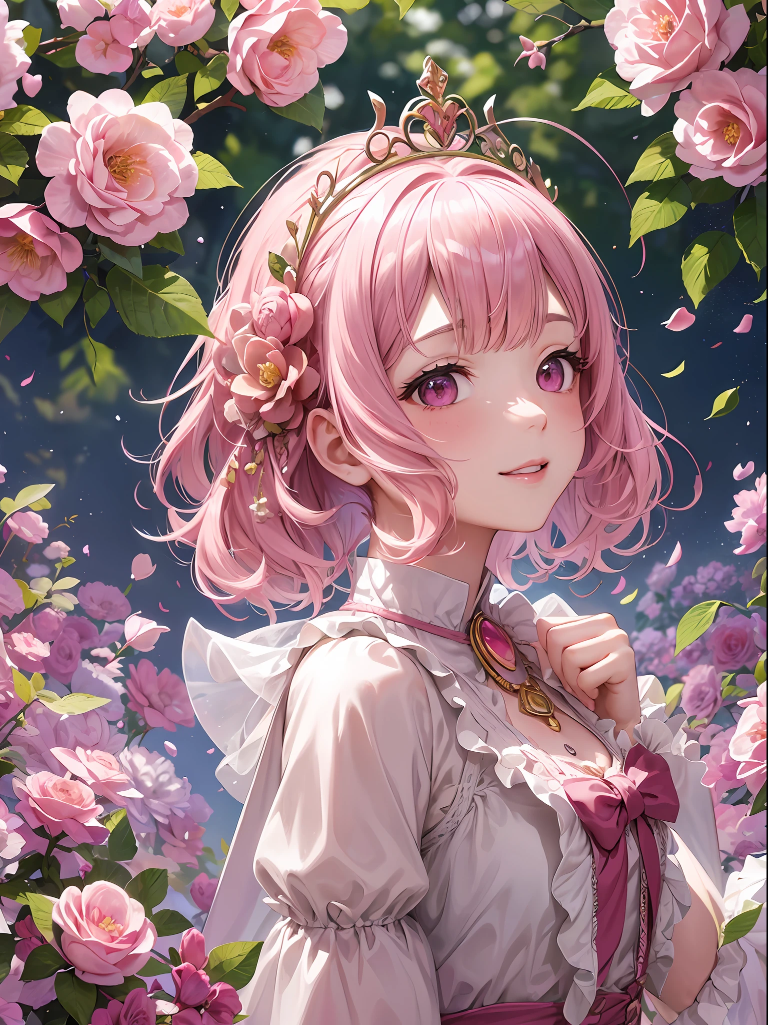 1 girls, solo、, All over body, looking up at sky、Walking figure、Feng Emu、pink hair、 bangs, gloss々lip、eyelash, s lips, eye focus, hair long, pink eyes, cutest, Super Detailed, Ruffled mini skirt、fantasy、Marie Antoinette、Pink Rose、Golden tiara、Pink rose hair ornament、elven ear、Garden of Roses、Pink feathers、Fairy Forest、Fairy wings、Transparent feathers、look back、A illustration, Intricate, highdetail, extremelydetailed, Detailed face, Illuminated by soft, soft light, Soft focus, perfect faces, beautifull, Precise anatomy, over exposure, 8k,4 K, (High res:1.1), the highest quality, (A masterpie:1.3), freckle, Heart-Shaped eyes (((pink dress))、a smiling look