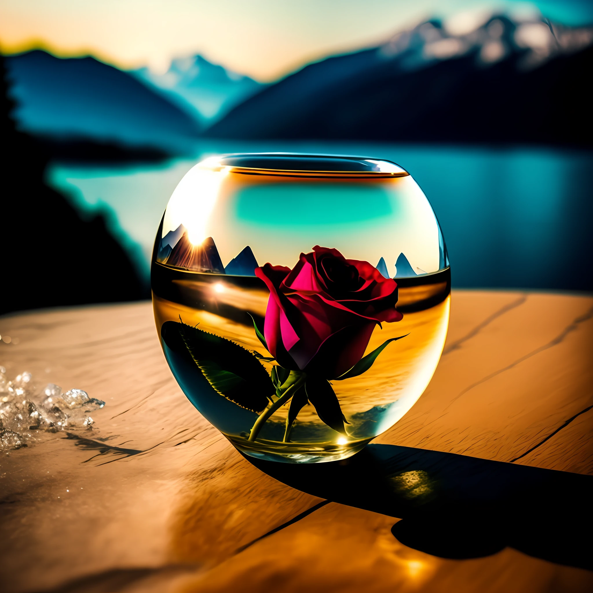 The sun in a crystal glass by the sea, against the background of the mountains, a glass of regular classical shape, opened from above, below, next to the glass, is a red rose, high-quality realistic photography