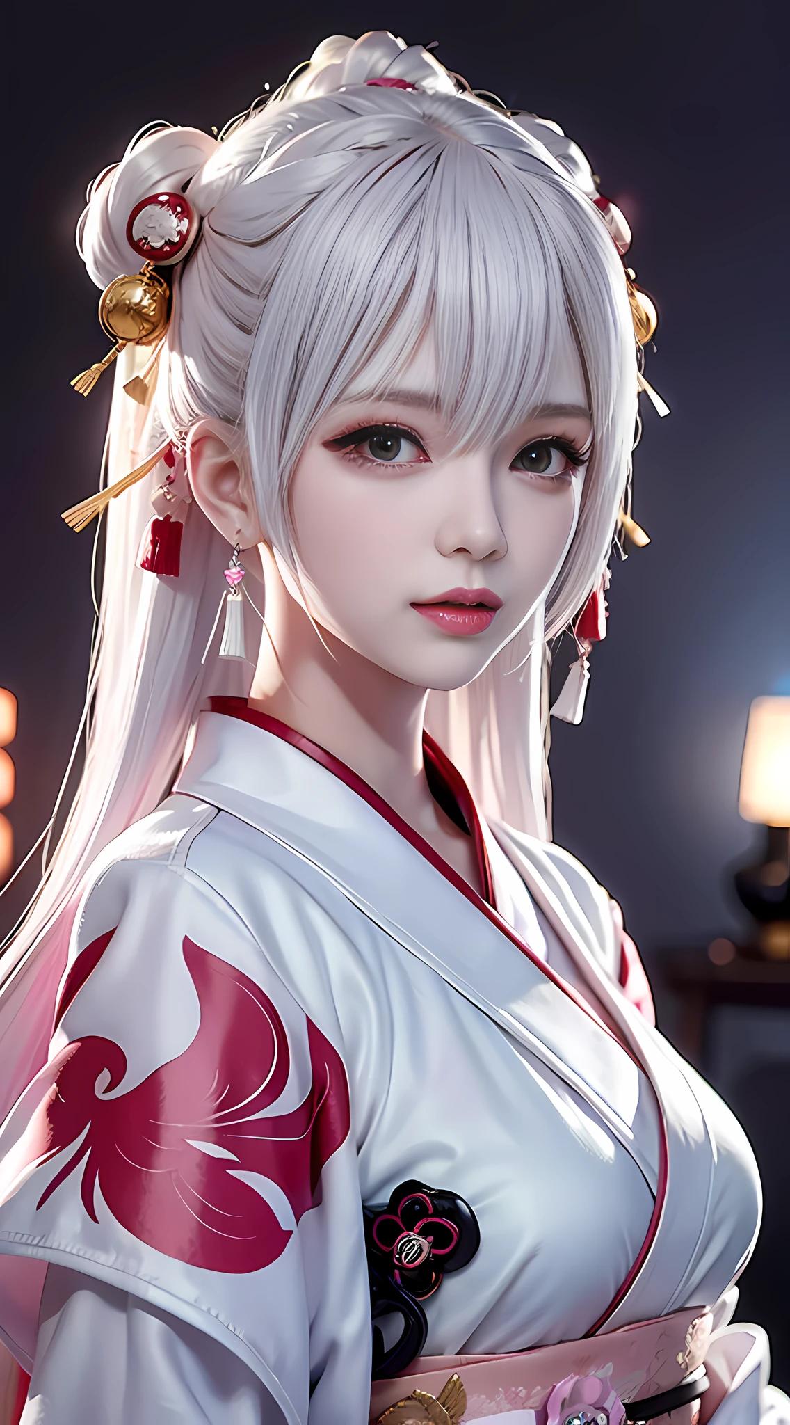 Japanese girl holding fan, kimono, cyberpunk, white hair, huge pink halo on background, mood light, zodiac girl's, punk, holding a fan,