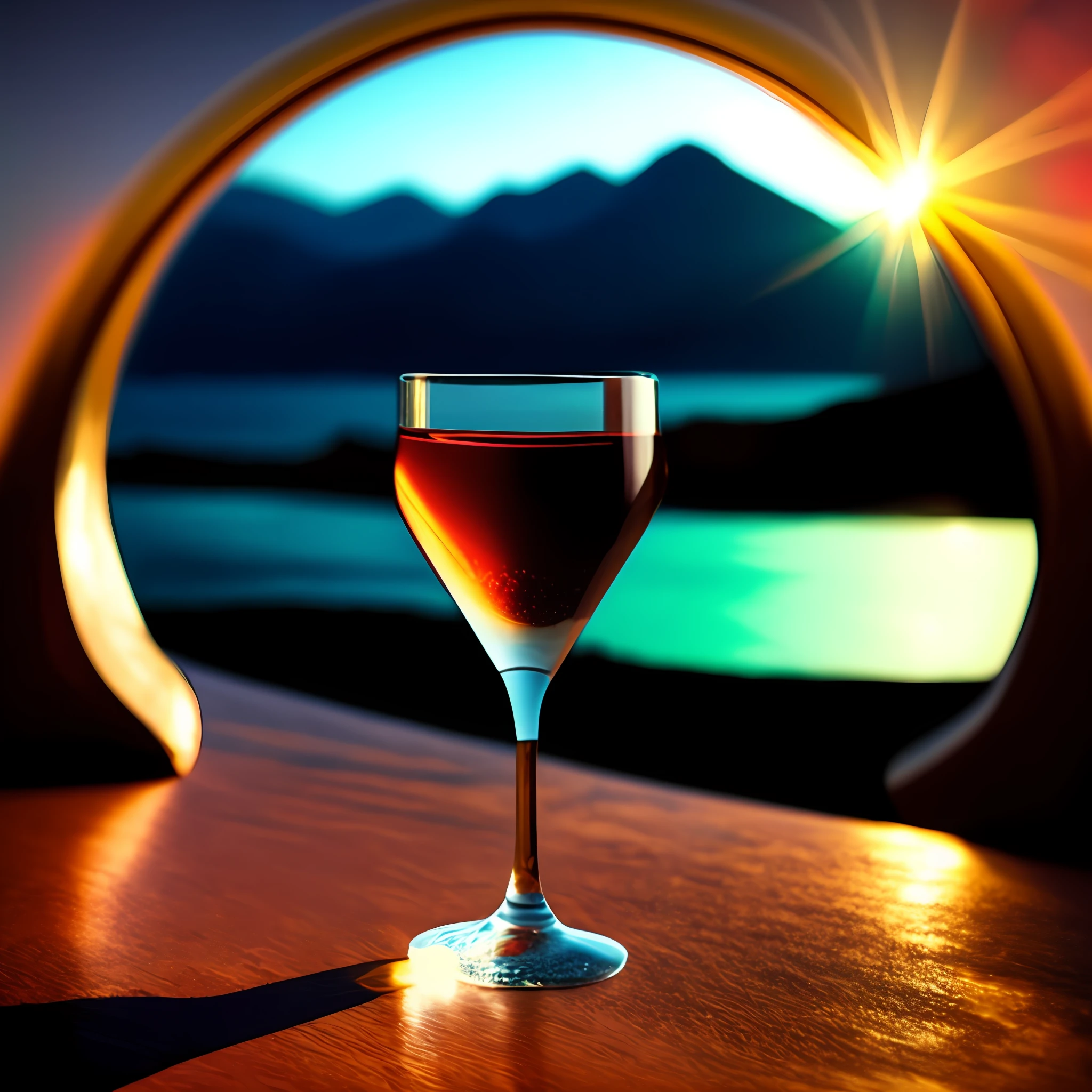 The sun in a crystal glass by the sea, against the background of the mountains, a glass of regular classical shape, opened from above, below, next to the glass, is a red rose, high-quality realistic photography