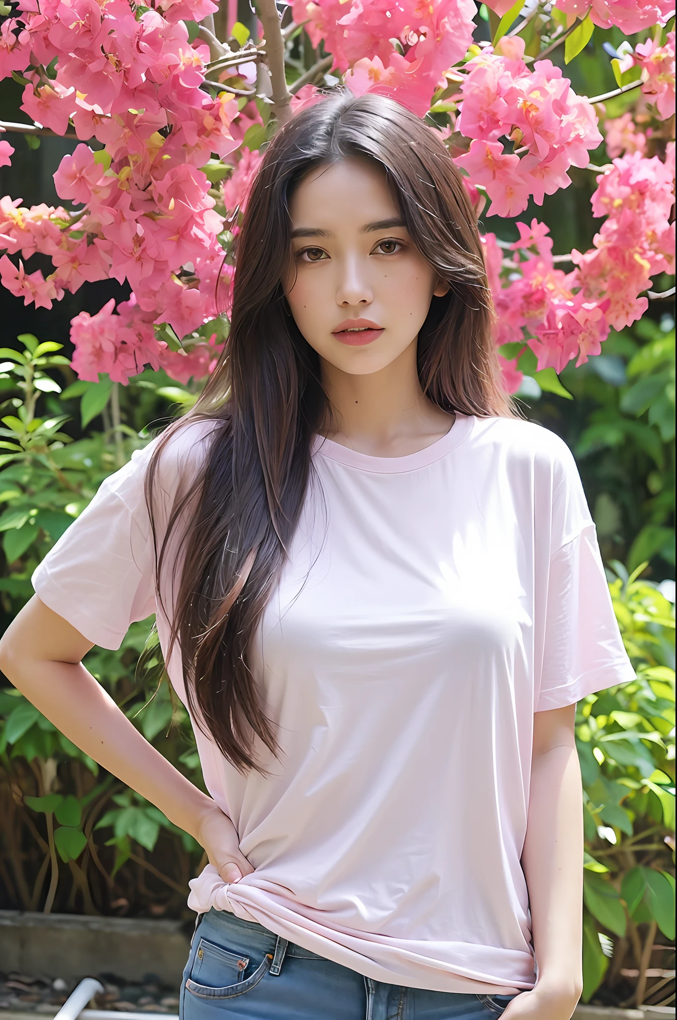 (highly detailed body, highly detailed face, best quality:1.2) ,A Woman, look at viewer, (white T-shirt, Jeans), (Pink bougainvillea mess in background:1.4)