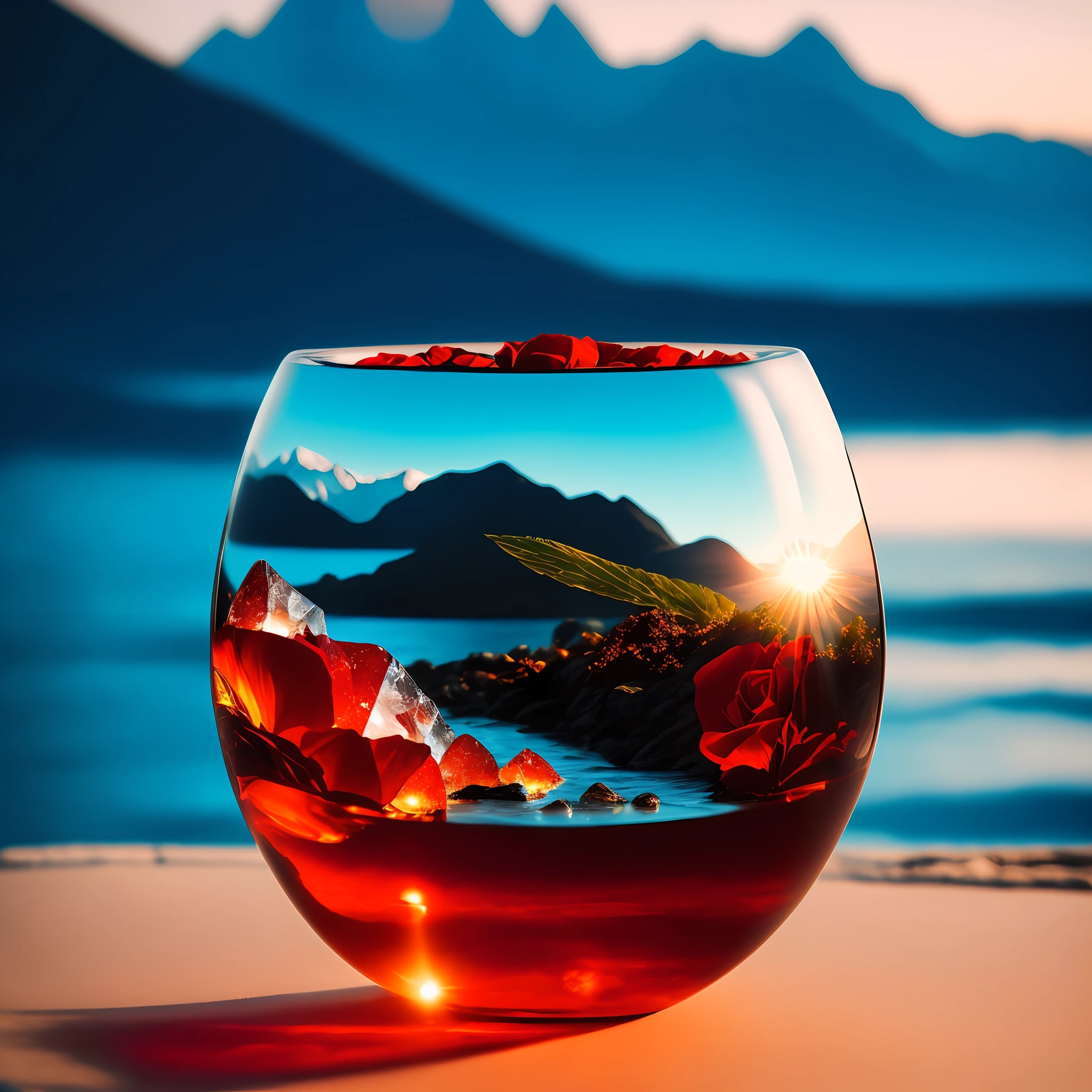 The sun in a crystal glass by the sea, against the background of the mountains, a glass of regular classical shape, opened from above, below, next to the glass, is a red rose, high-quality realistic photography