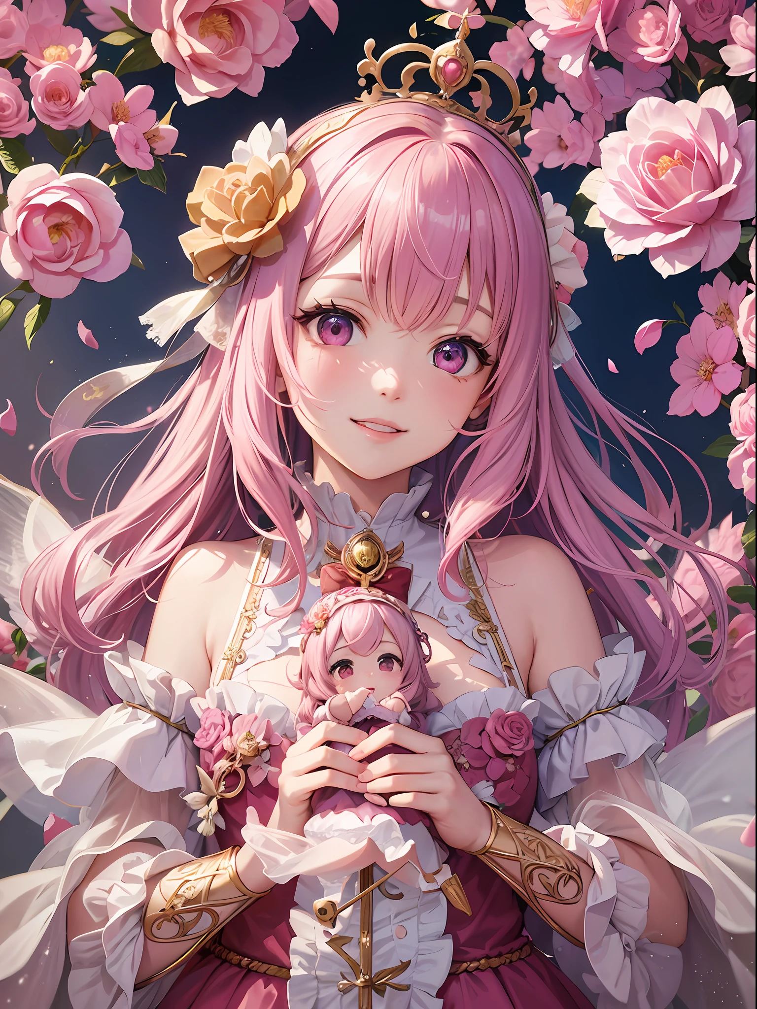 1 girls, solo、, All over body, looking up at sky、Walking figure、Feng Emu、pink hair、 bangs, gloss々lip、eyelash, s lips, eye focus, hair long, pink eyes, cutest, Super Detailed, Ruffled mini skirt、fantasy、Marie Antoinette、Pink Rose、Golden tiara、Pink rose hair ornament、elven ear、Garden of Roses、Pink feathers、Fairy Forest、Fairy wings、Transparent feathers、look back、A illustration, Intricate, highdetail, extremelydetailed, Detailed face, Illuminated by soft, soft light, Soft focus, perfect faces, beautifull, Precise anatomy, over exposure, 8k,4 K, (High res:1.1), the highest quality, (A masterpie:1.3), freckle, Heart-Shaped eyes (((pink dress))、a smiling look