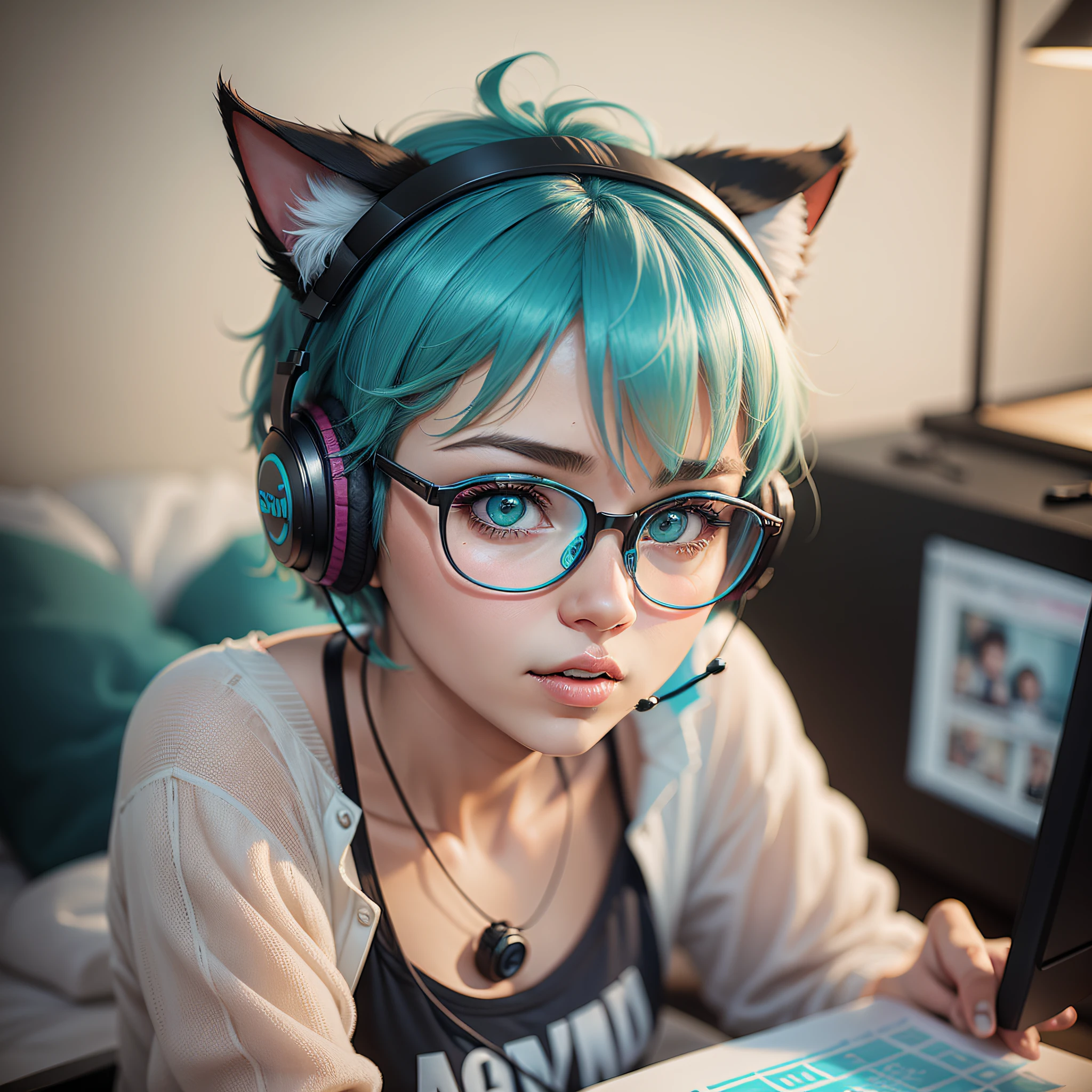 A woman, with short turquoise hair, wears social clothes, she wears round glasses, wears a cat earpiece headset, is in a gamer room, realistic drawing style, face focus
