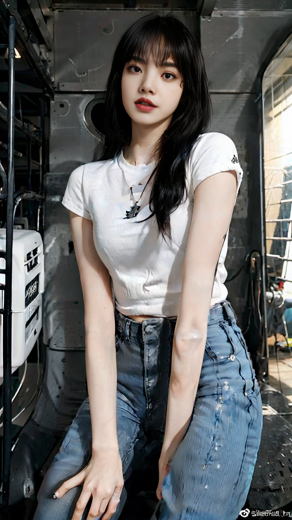 Beautiful woman wearing black shirt, wearing white short jeans, detailed body, sitting on the bike, holding helmed,