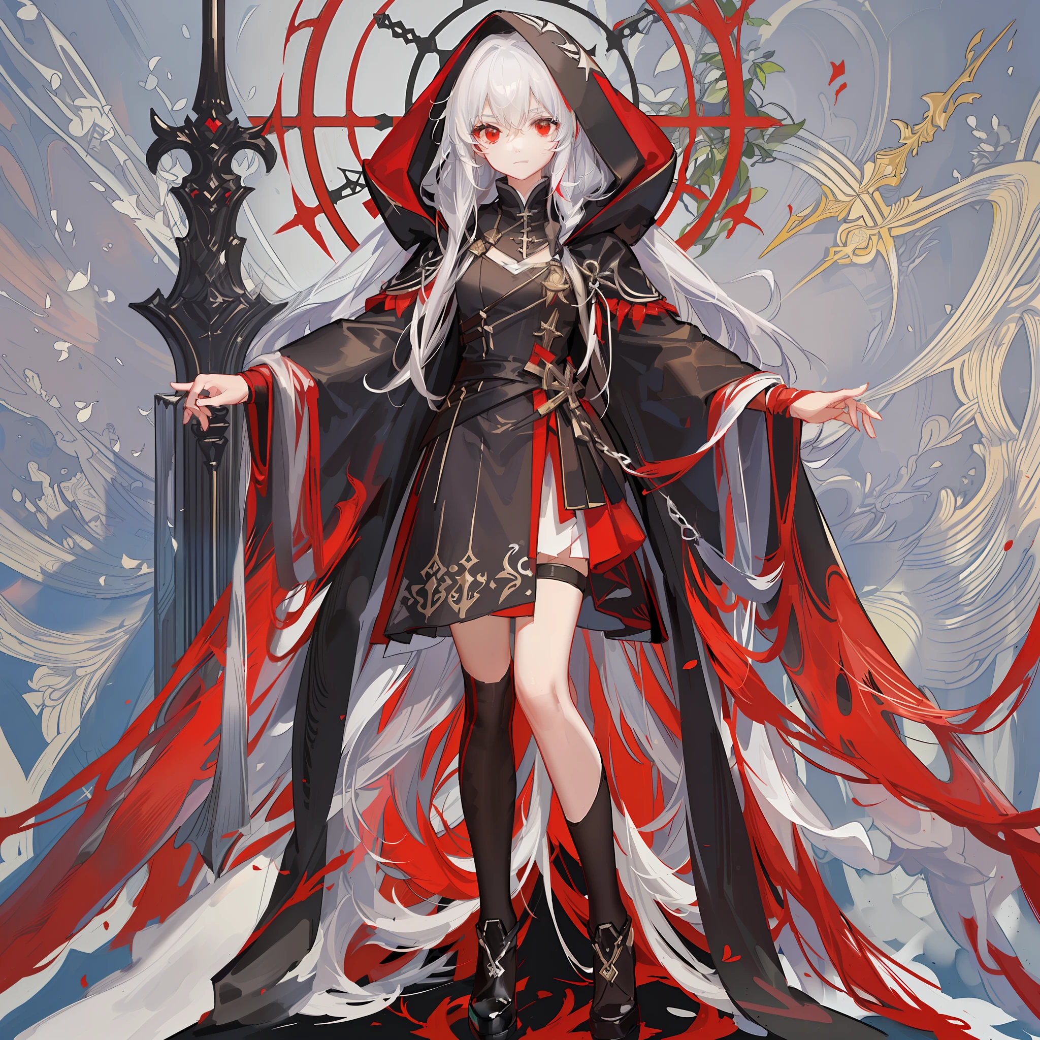 Maiden, round red thread striped black robe, hood, cape, red eyes, long white hair, faint smile, standing posture, full body, mage, holy girl