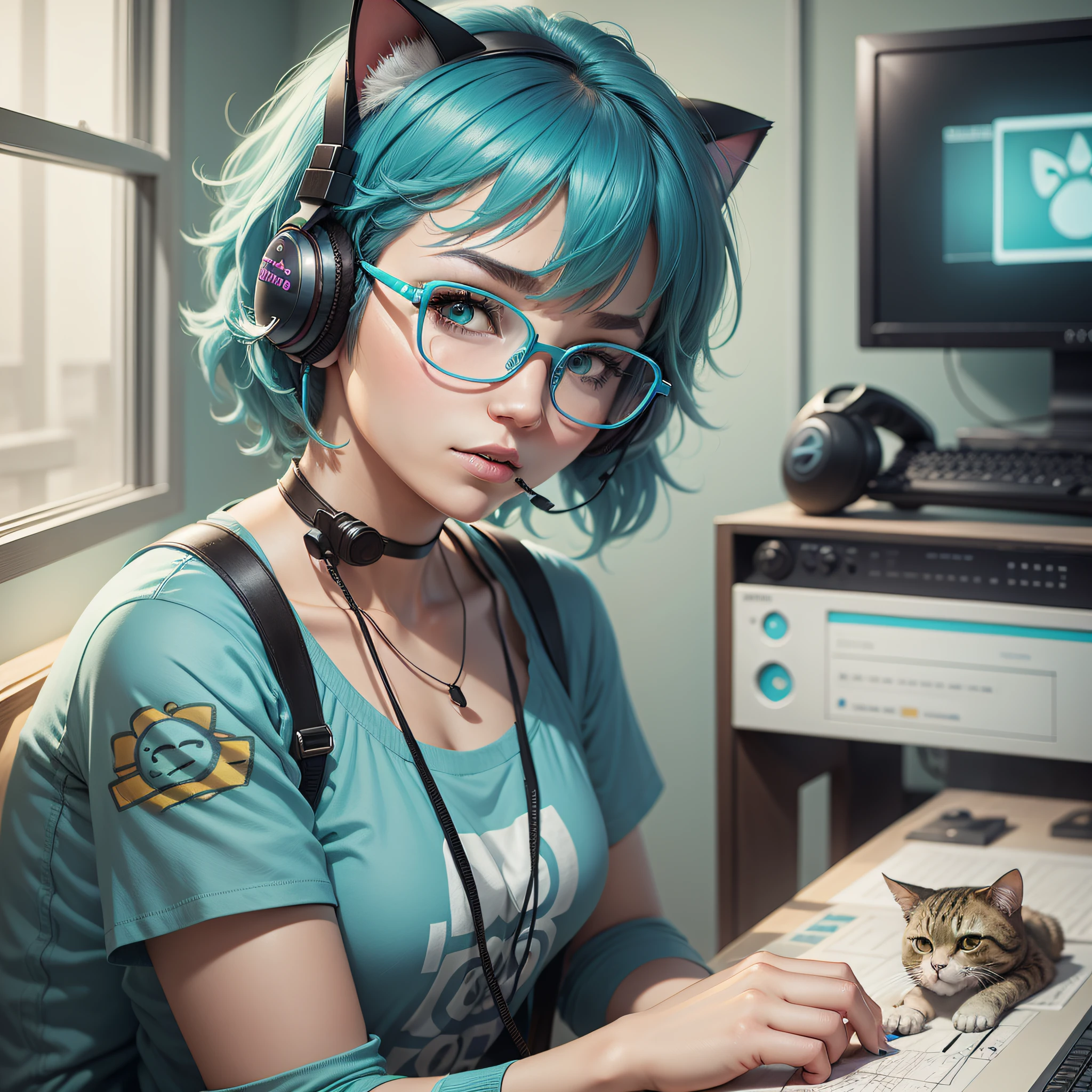 A woman, with short turquoise hair, wears social clothes, she wears round glasses, wears a cat earpiece headset, is in a gamer room, realistic drawing style, face focus