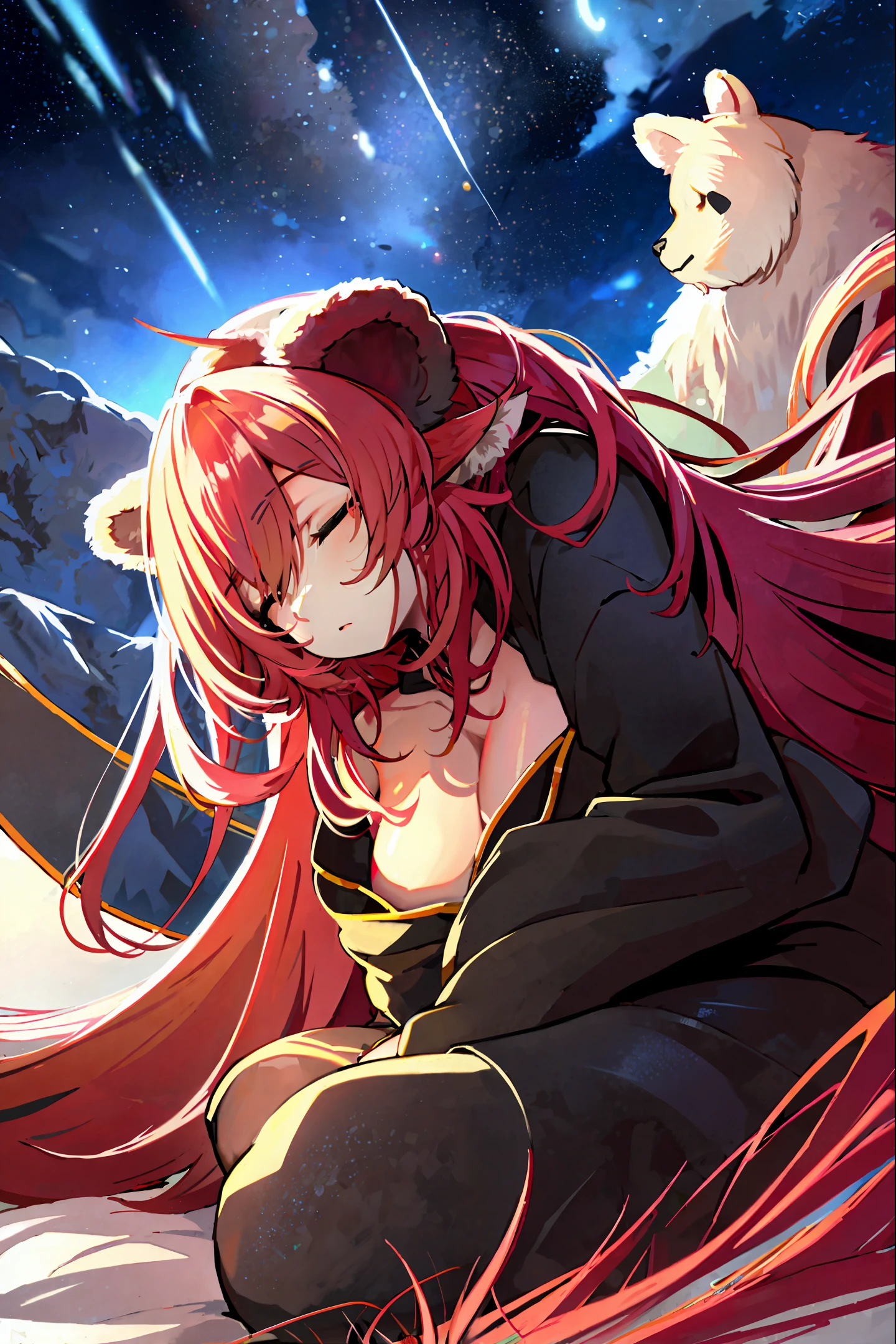 house, bear, solo focus, full body, sitting, dynamic angle, flat chest, night, starry sky, dark, sleepy, want to sleep, animal ear hood, bedroom setting, the background should be visually appealing,