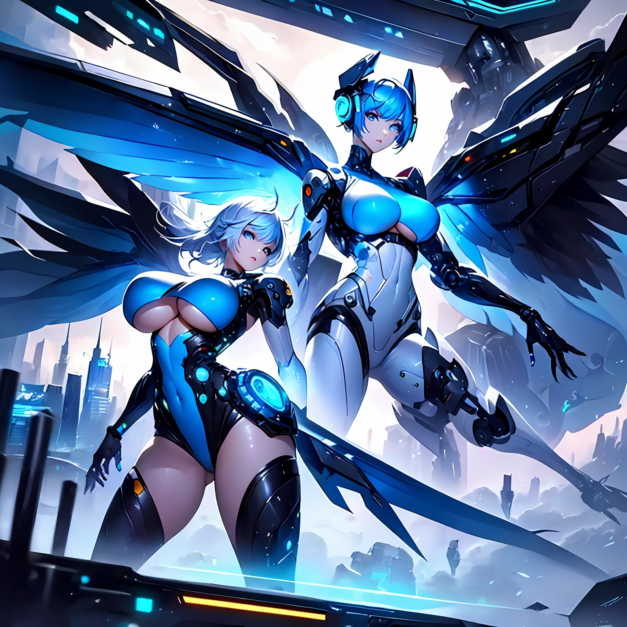 a beautiful and dangerous world, a world in the clouds, a white world, techno heaven. Describe the visual elements of a cloud inspired world were everything is white with colors as lighting, including the use of neon lights, glowing lines and shapes, and the distinctive blue and white color scheme. combine, futuristic, technological, details, enhancements, aesthetic, visuals, elemental, virtual reality, digital realm, sexy and beautiful, elegant and mysterious, dangerous and deadly. two characters, (a cyborg girl (huge boobs:1.2)), (blue harpy robot (huge boobs:1.6))