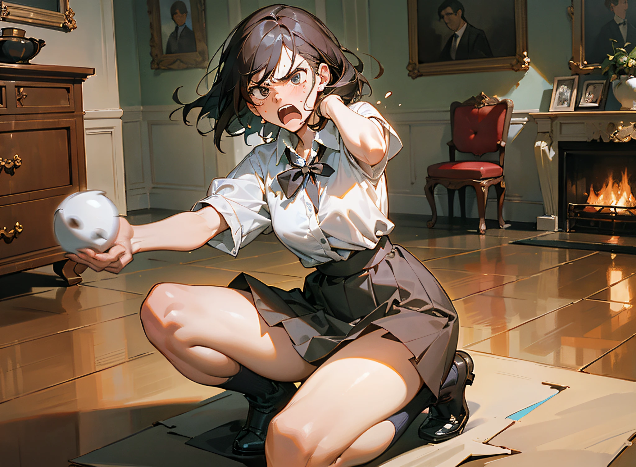 Masterpiece, of the best quality, a woman throwing a tantrum in the living room, expression angry, angry, Artie Guérin style