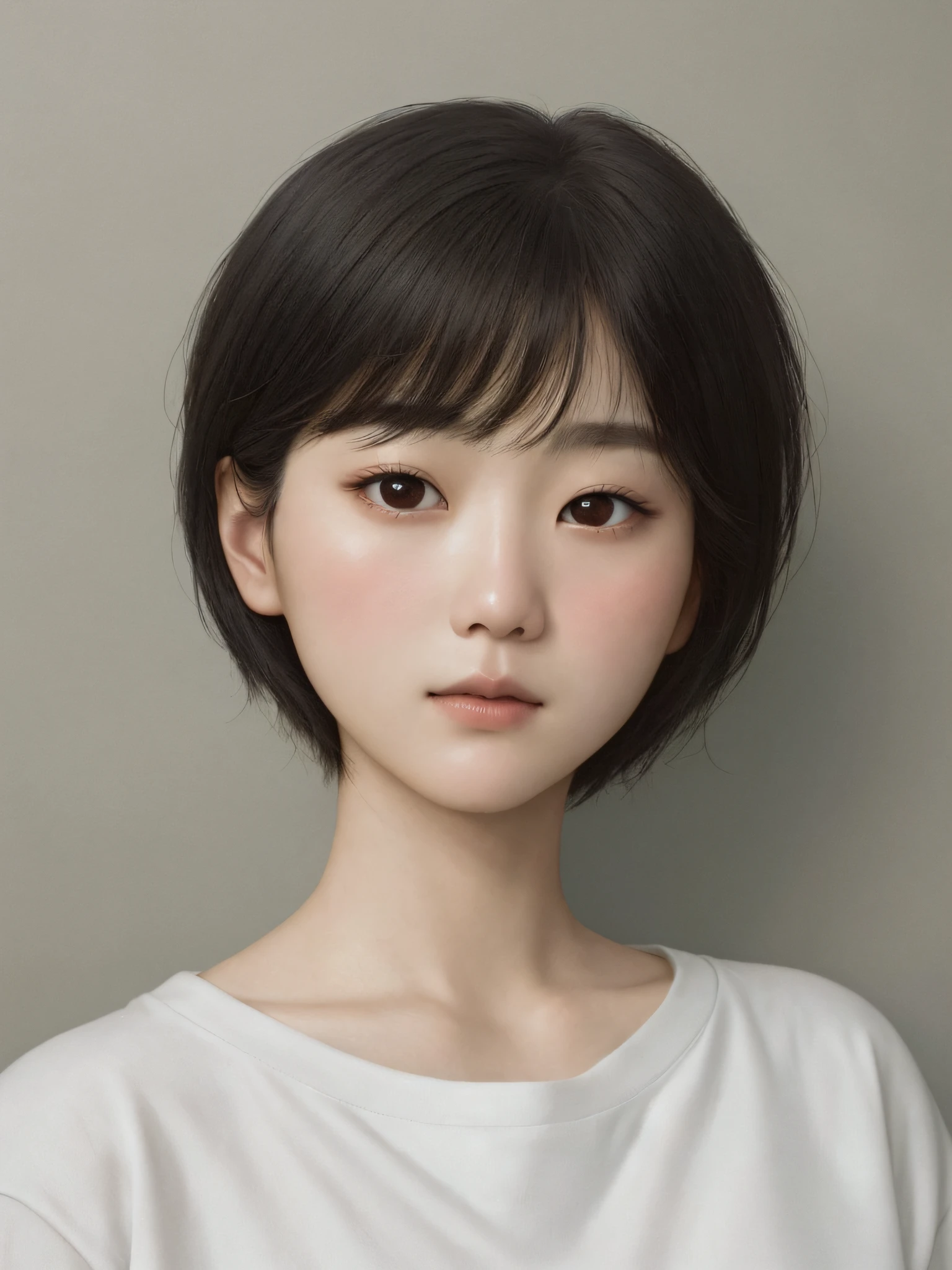 a close up of a woman with a short hair and a white shirt, a photorealistic painting by Xia Yong, tumblr, hyperrealism, korean symmetrical face, wan adorable korean face, beautiful delicate face, she has black hair with bangs, young adorable korean face, with round cheeks, young cute wan asian face, kwak ji young, very beautiful face