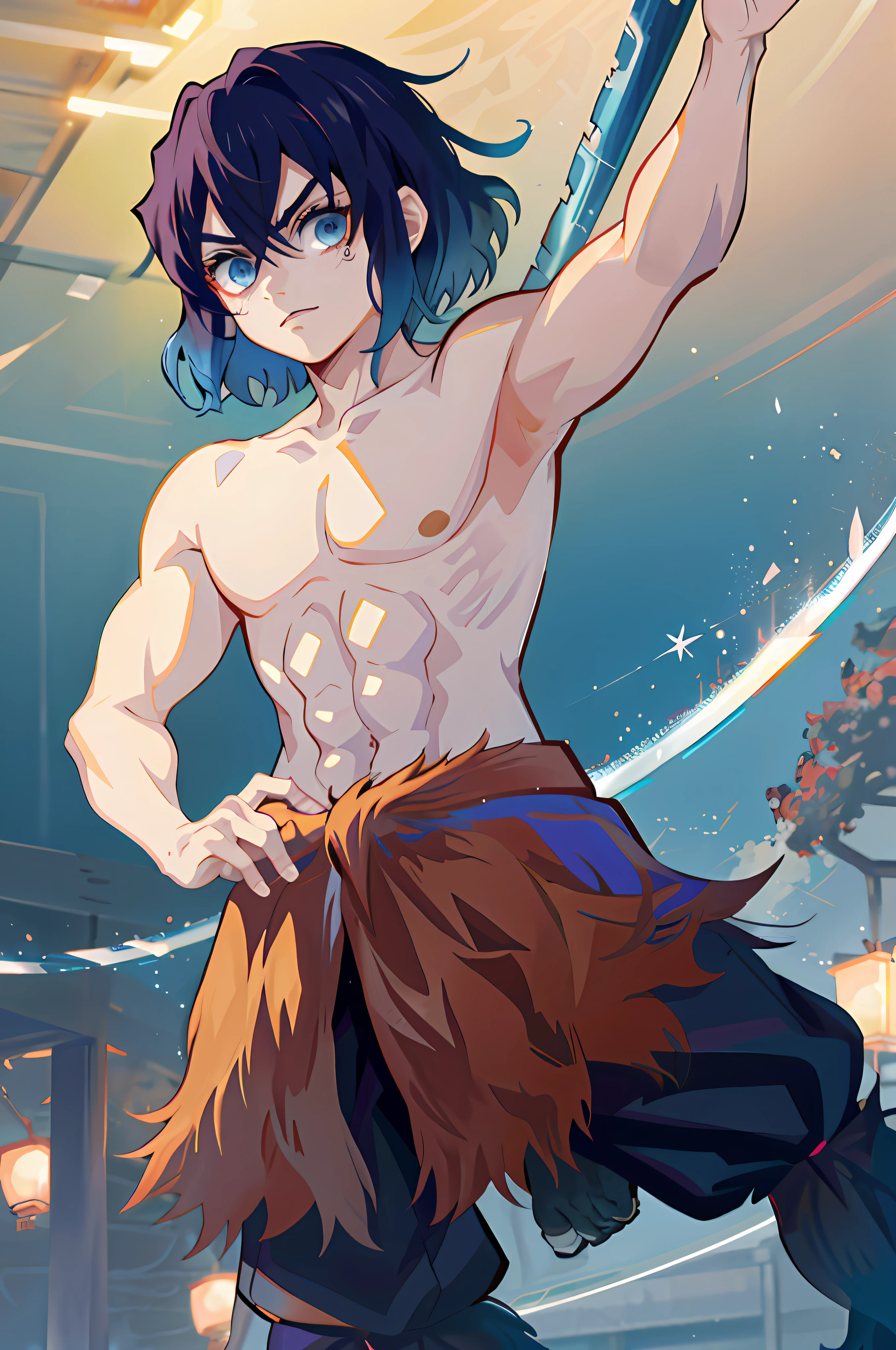 Cinematic image 4k Inosuke hashibira, anime guy with blue hair and shirtless cute face in demon slayer art, gapmoe yandere, (sfw) safe for work, badass anime 8k, cute japanese demon boy, okata kazuto, front pose, using 2 muscular swords!!, male anime character, anime style 2 d, long black pants, close up,  closeup face,