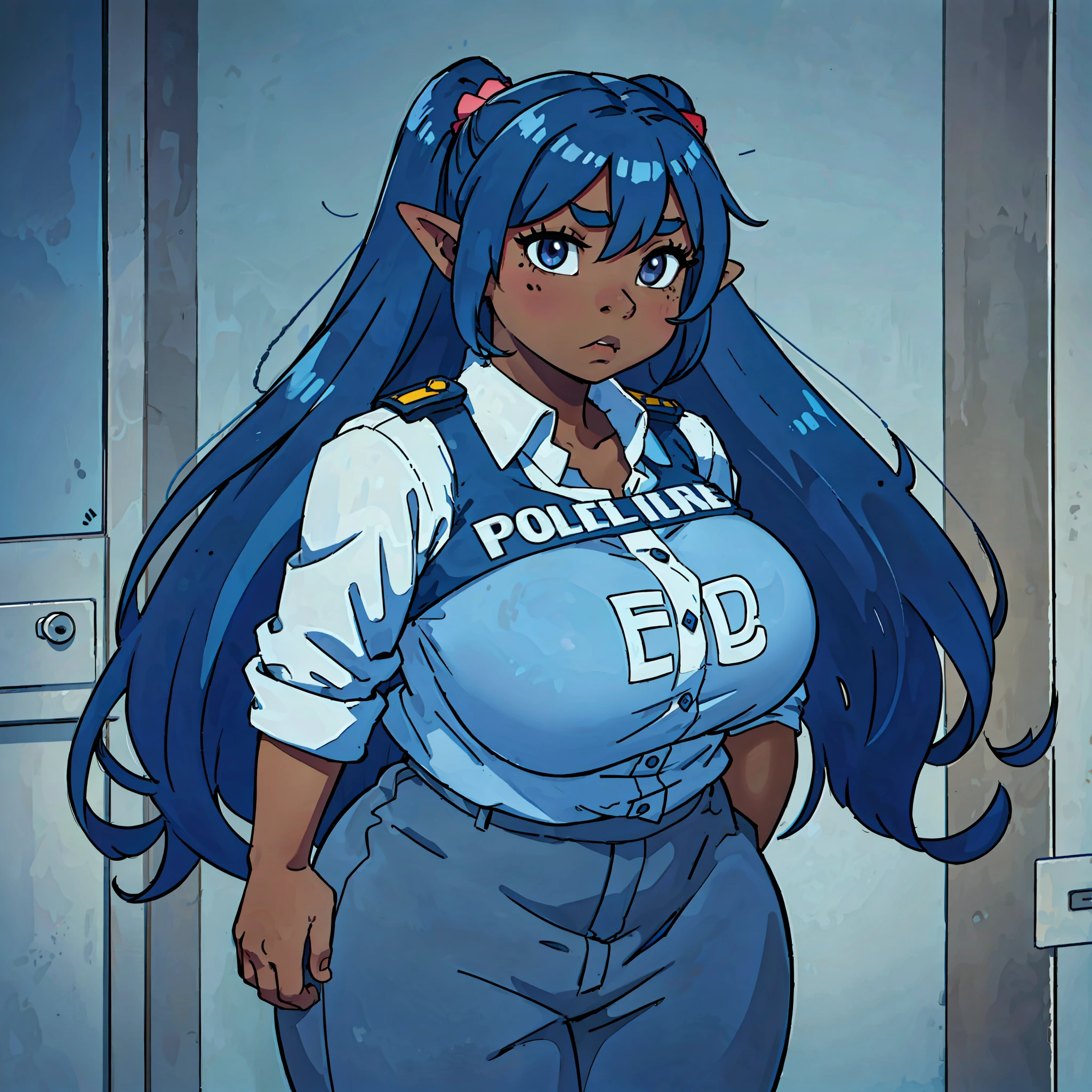 goblin girl, blue hair, very long hair, dark_ skin, dark skin goblin, very dark skin girl natural huge breasts, hair between eyes, twintails, chubby, chubby girl, chubby girl goblin, mole, mole on chest, age up, lips, big lips, thick eyebrows, body with fur, tusk, short girl, short goblin girl twintails, short girl, highly detailed, high quality, best quality, 8k, full body, fat, police, policewoman, police uniform,