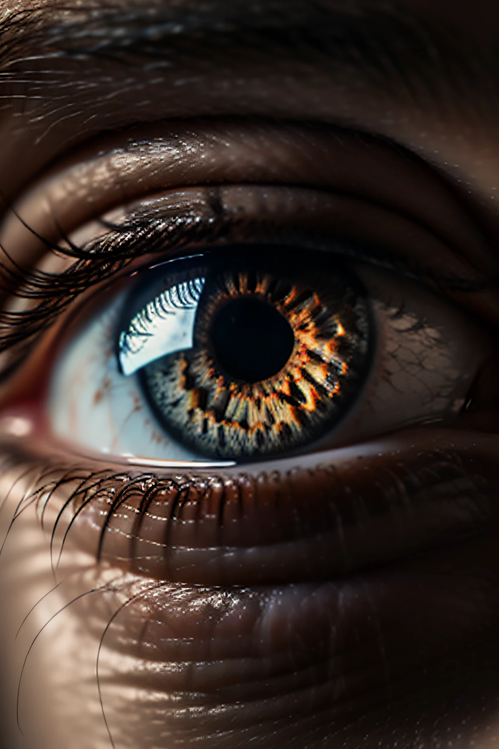 (Full text: 1.3) of (realistic appearance: 1.3) Perfect Eyes, close-up of the eye of a person with an iris with brown cataracts, (cataracts: 1.5)
