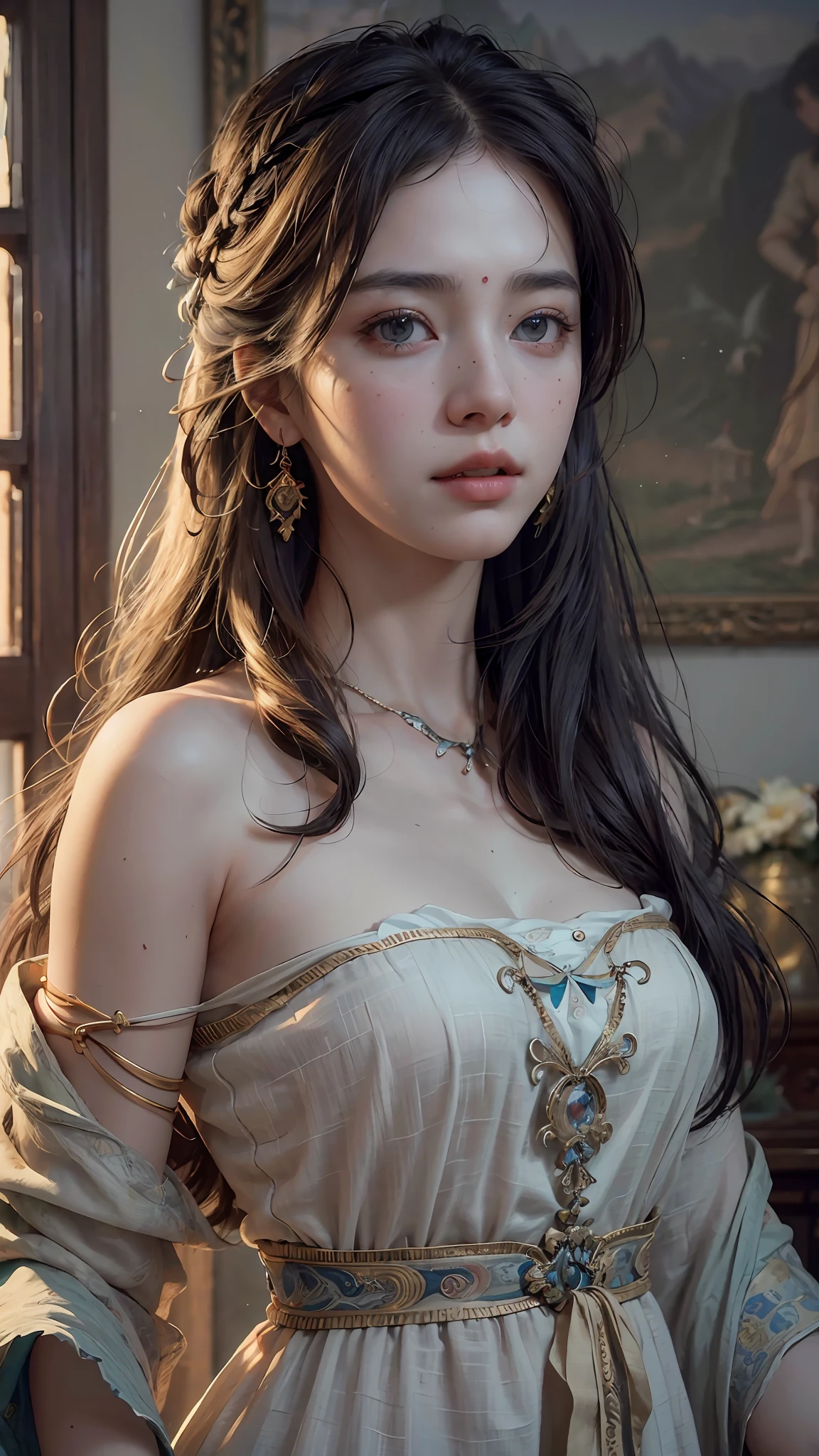 (RAW photo, best quality), (realistic, photo-realistic:1.3),best quality,highly detailed,masterpiece,ultra-detailed,illustration,1girl,upper_body,dynamic angle,world masterpiece theater,messy_long_hair,best quality,extremely detailed CG unity 8k wallpaper,ink,Amazing,cinematic lighting,lens_flare,,dunhuang_style