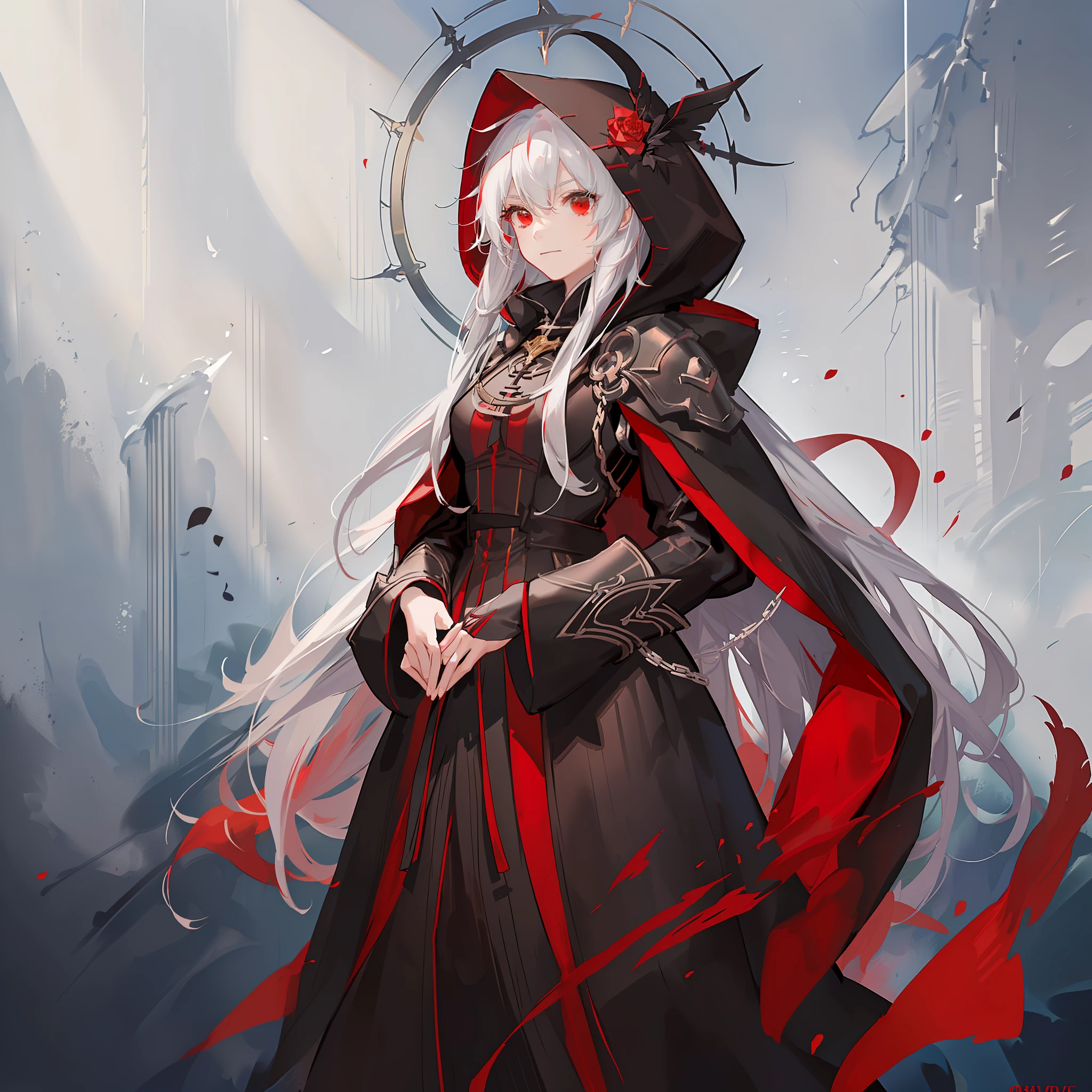 Maiden, round red thread striped black robe, hood, cape, red eyes, long white hair, faint smile, standing posture, full body, mage, holy girl