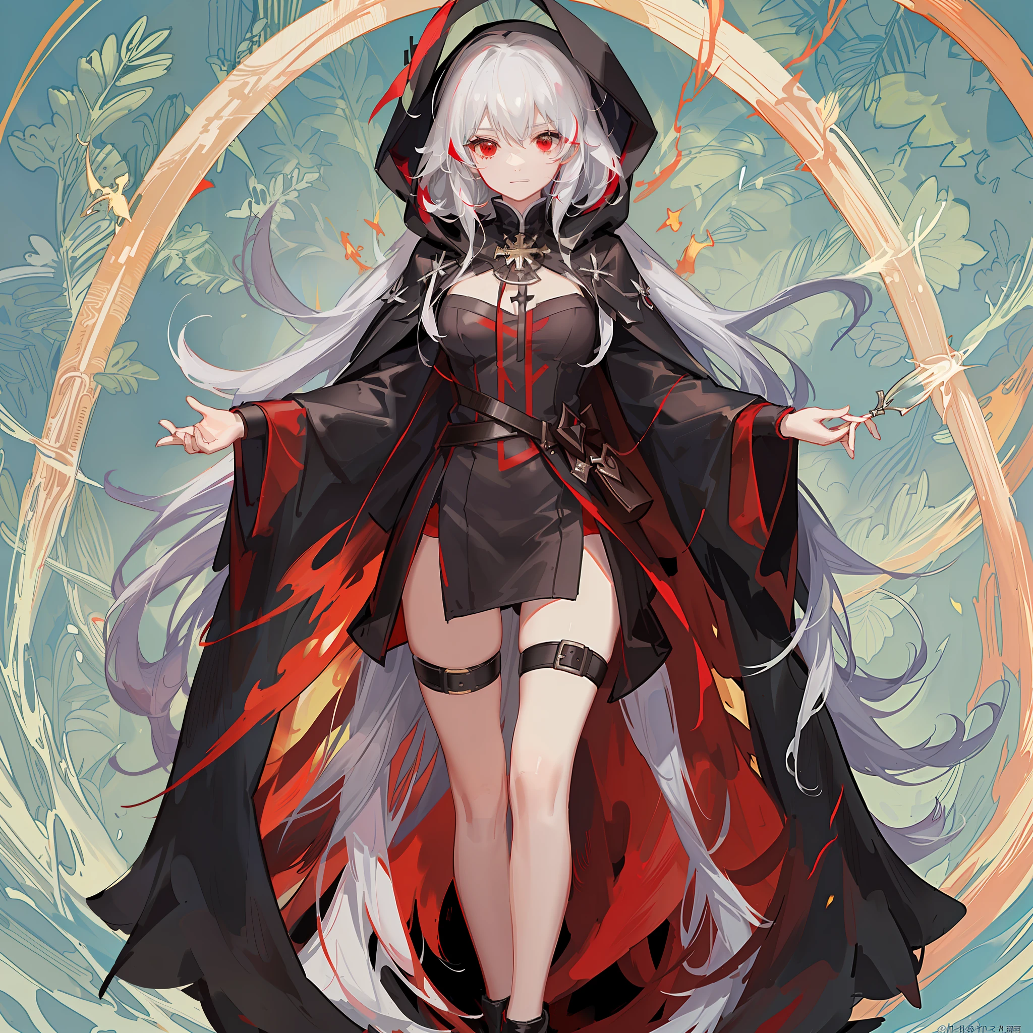 Maiden, round red thread striped black robe, hood, cape, red eyes, long white hair, faint smile, standing posture, full body, mage, holy girl