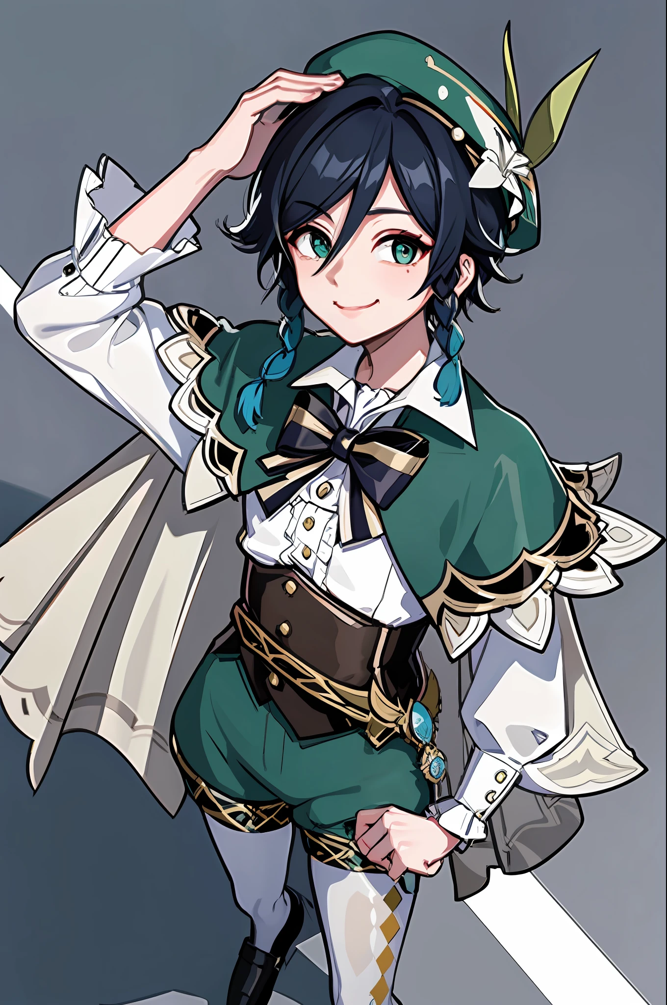 masterpiece, best quality, 1boy, masculine approach, venti (genshin impact), lyre, black hair, hat, smile, braid, long sleeves, twin braids, gradient hair, multicolored hair, instrument, pantyhose, vision (genshin impact), bow, shorts, blue hair, green hat, beret, white pantyhose, green shorts, collared cape, bangs, shirt, jewelry, facing the viewer, white shirt, brooch, cape, androgynous,  frilly sleeves, ruffles, corset, Short hair with long locks, (grey background: 1.4),(KBXLL: 0.6) with a giant erection and bulge