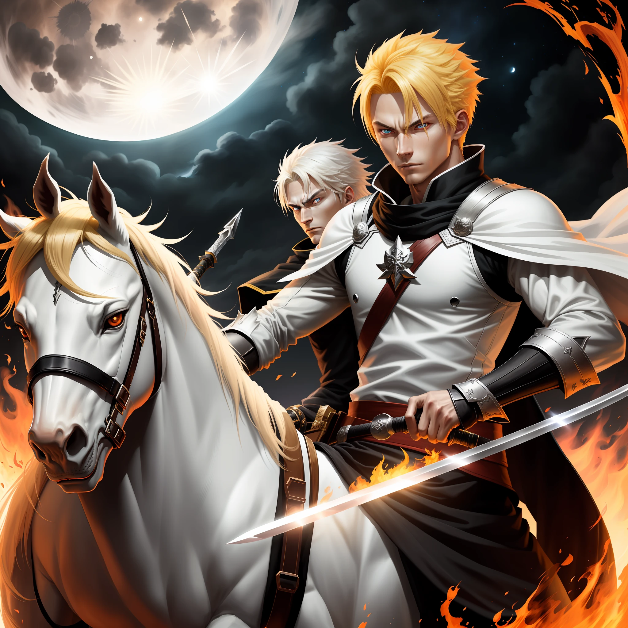 Swordsman,white,with fire blonde hair,with a black sword,with fire eyes,at night,full moon,hd,best picture,wallpaper,anime photography,drawing,hd,on top of a fire horse